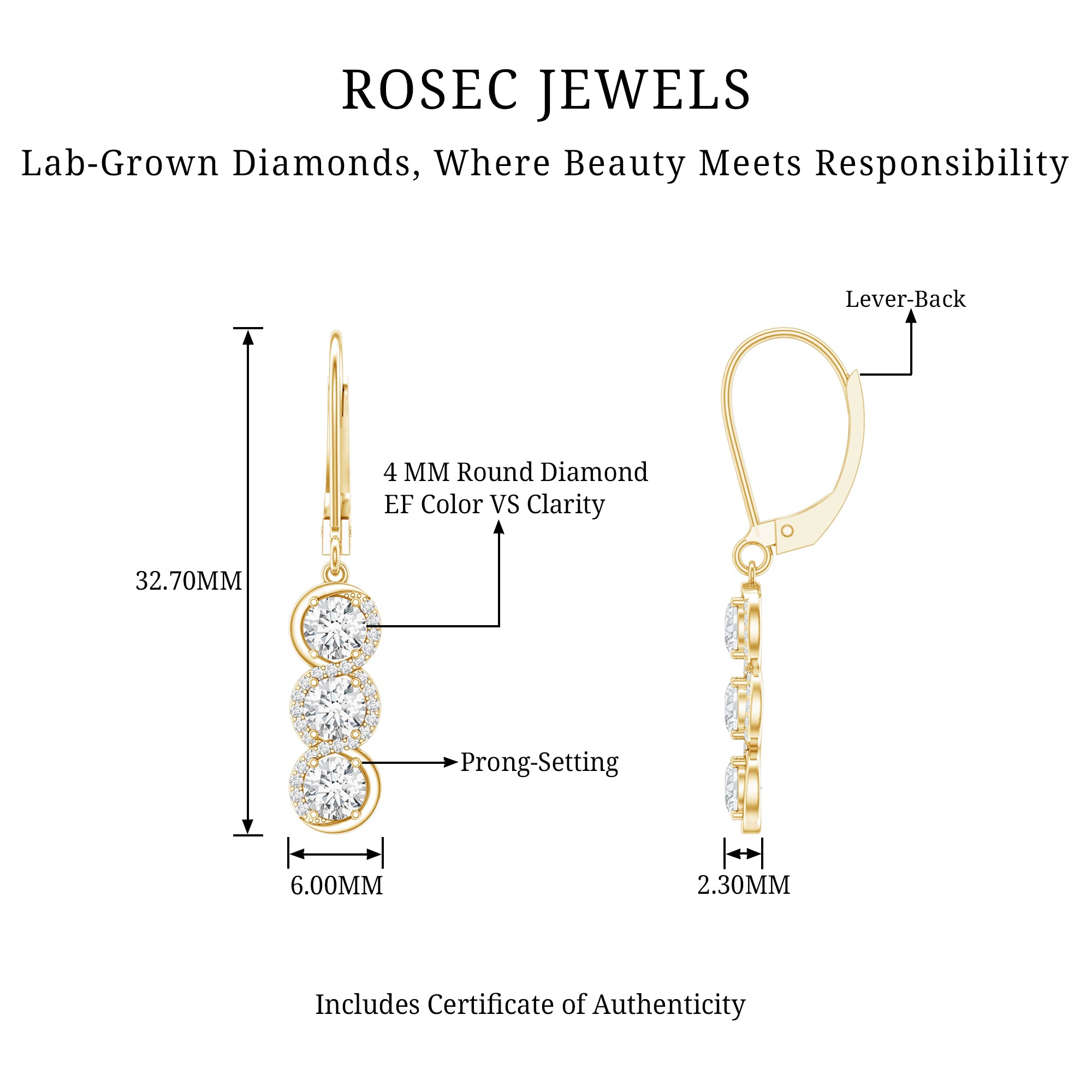 Certified Lab Grown Diamond 3 Stone Dangle Earrings Lab - ( EF-VS ) - Rosec Jewels