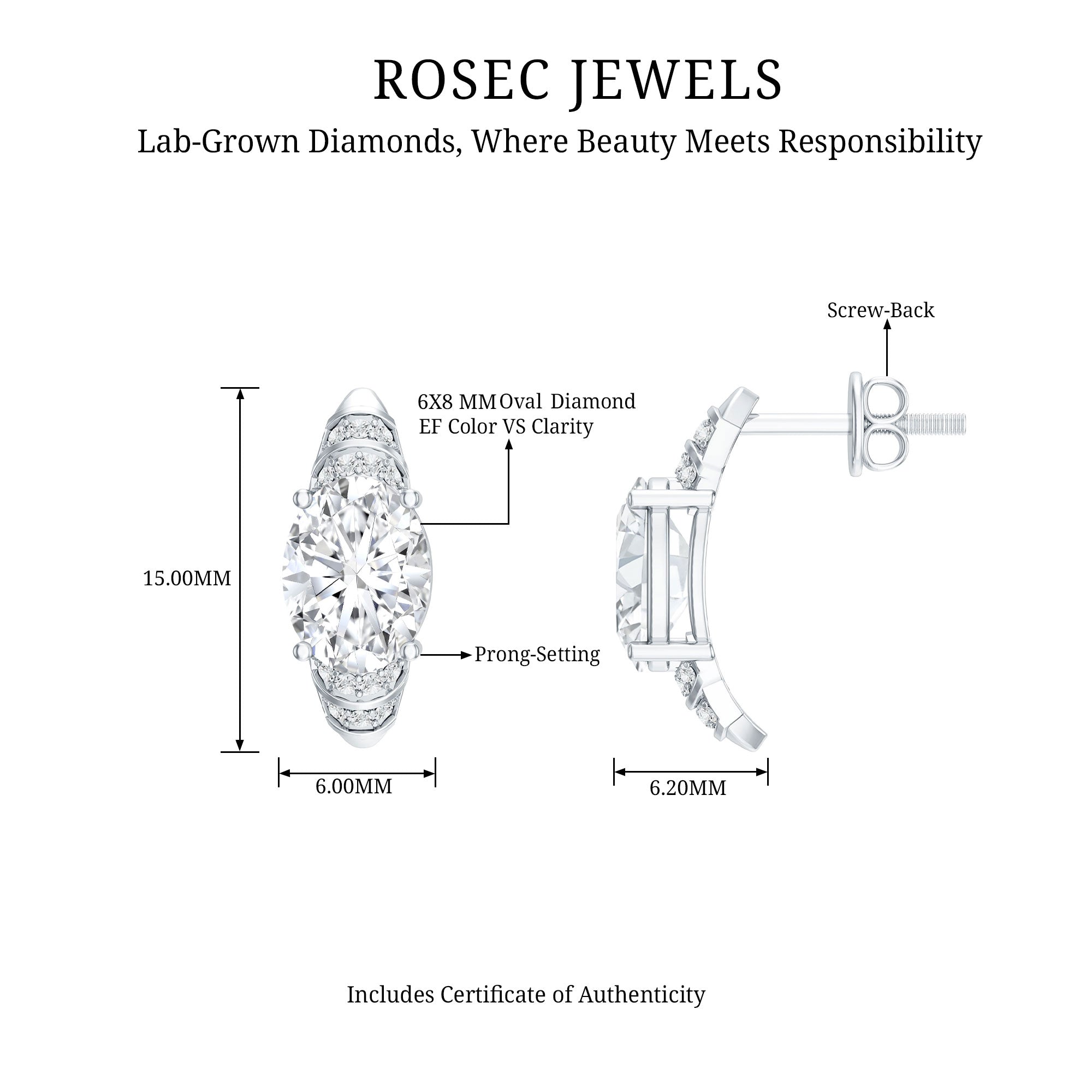 2 Carat Oval Lab Grown Diamond Vintage Style Stud Earrings Lab - ( EF-VS ) - Rosec Jewels