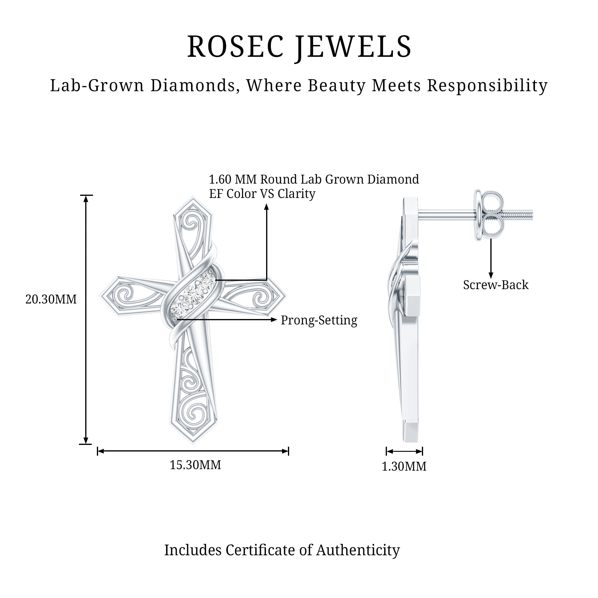 Certified Lab Grown Diamond Cross Art Deco Stud Earrings Lab - ( EF-VS ) - Rosec Jewels