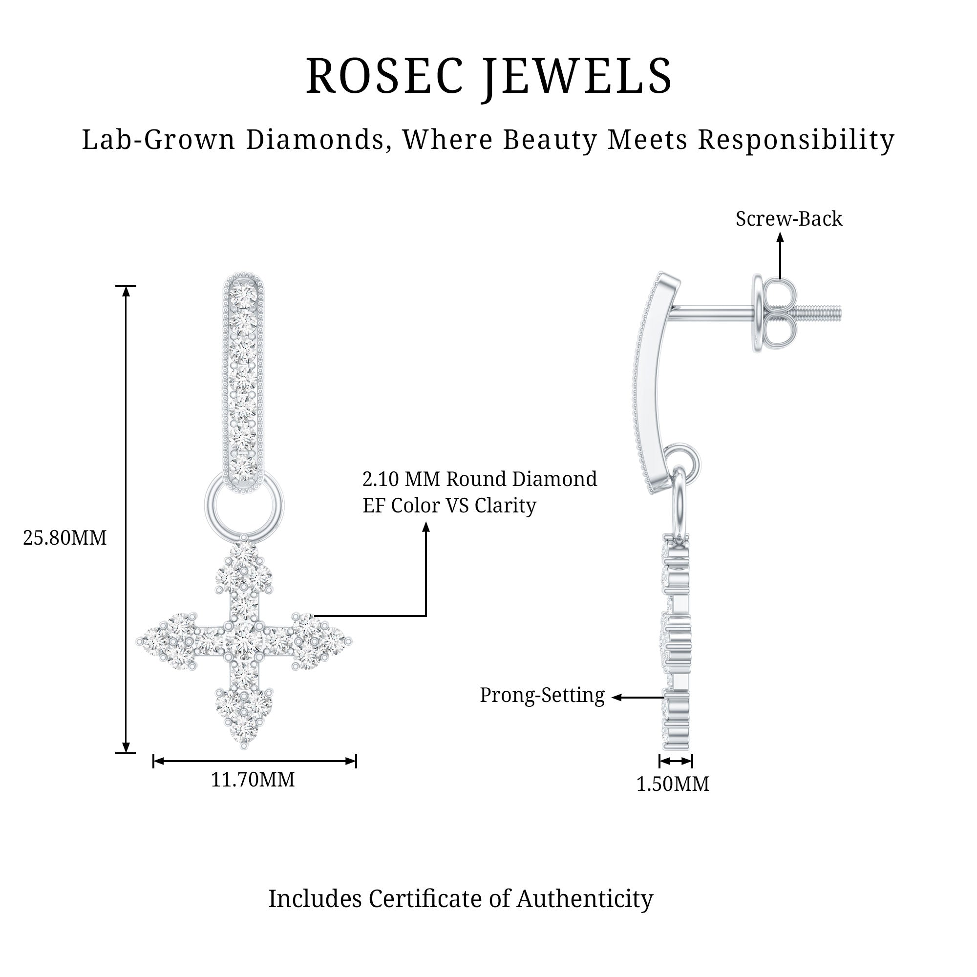 Certified Lab Grown Diamond Cross Drop Earrings For Her Lab - ( EF-VS ) - Rosec Jewels