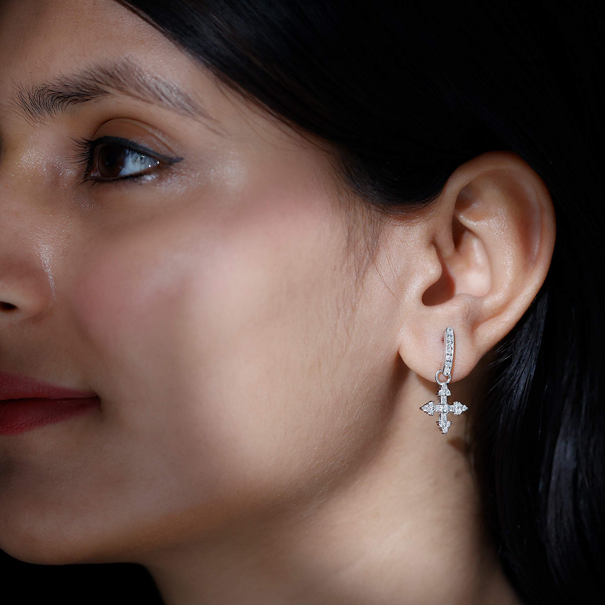 Certified Lab Grown Diamond Cross Drop Earrings For Her Lab - ( EF-VS ) - Rosec Jewels
