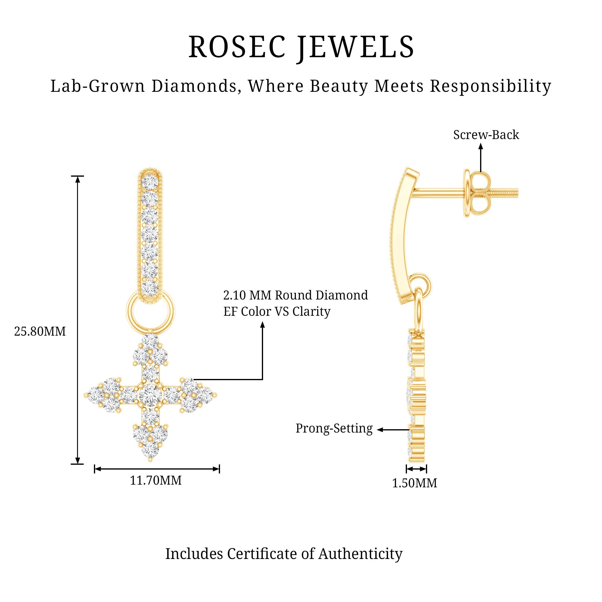 Certified Lab Grown Diamond Cross Drop Earrings For Her Lab - ( EF-VS ) - Rosec Jewels