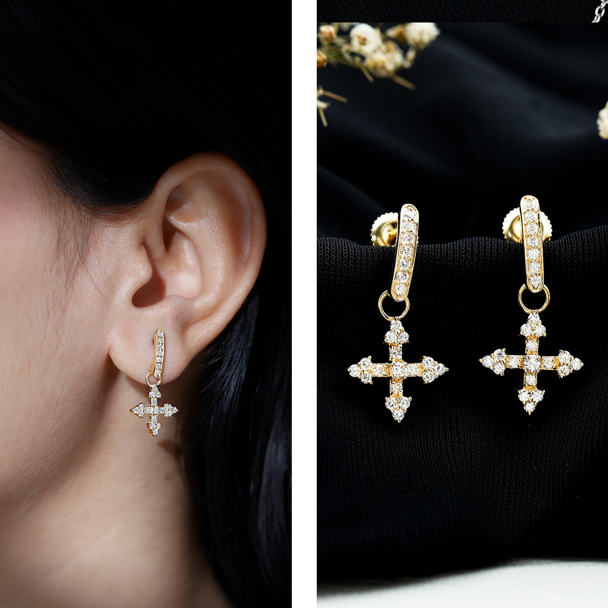 Certified Lab Grown Diamond Cross Drop Earrings For Her Lab - ( EF-VS ) - Rosec Jewels