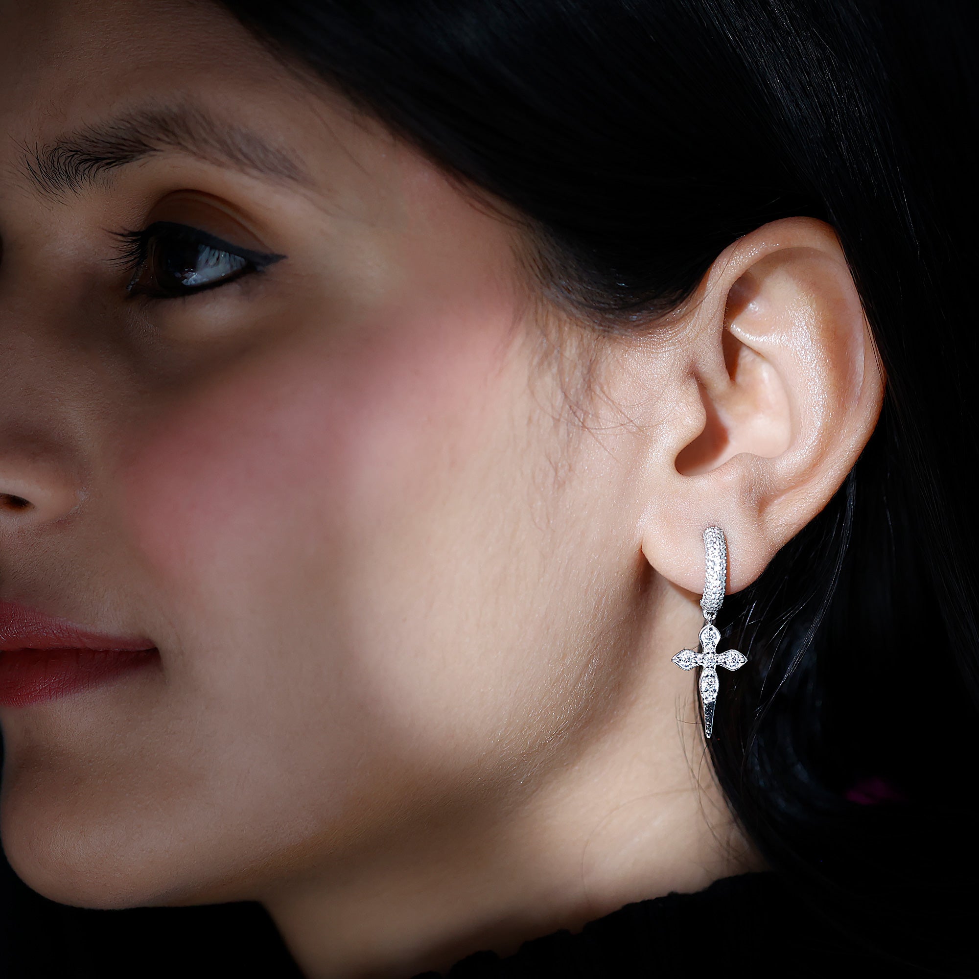 Lab Grown Diamond Designer Cross Earrings With Screw Back Lab - ( EF-VS ) - Rosec Jewels