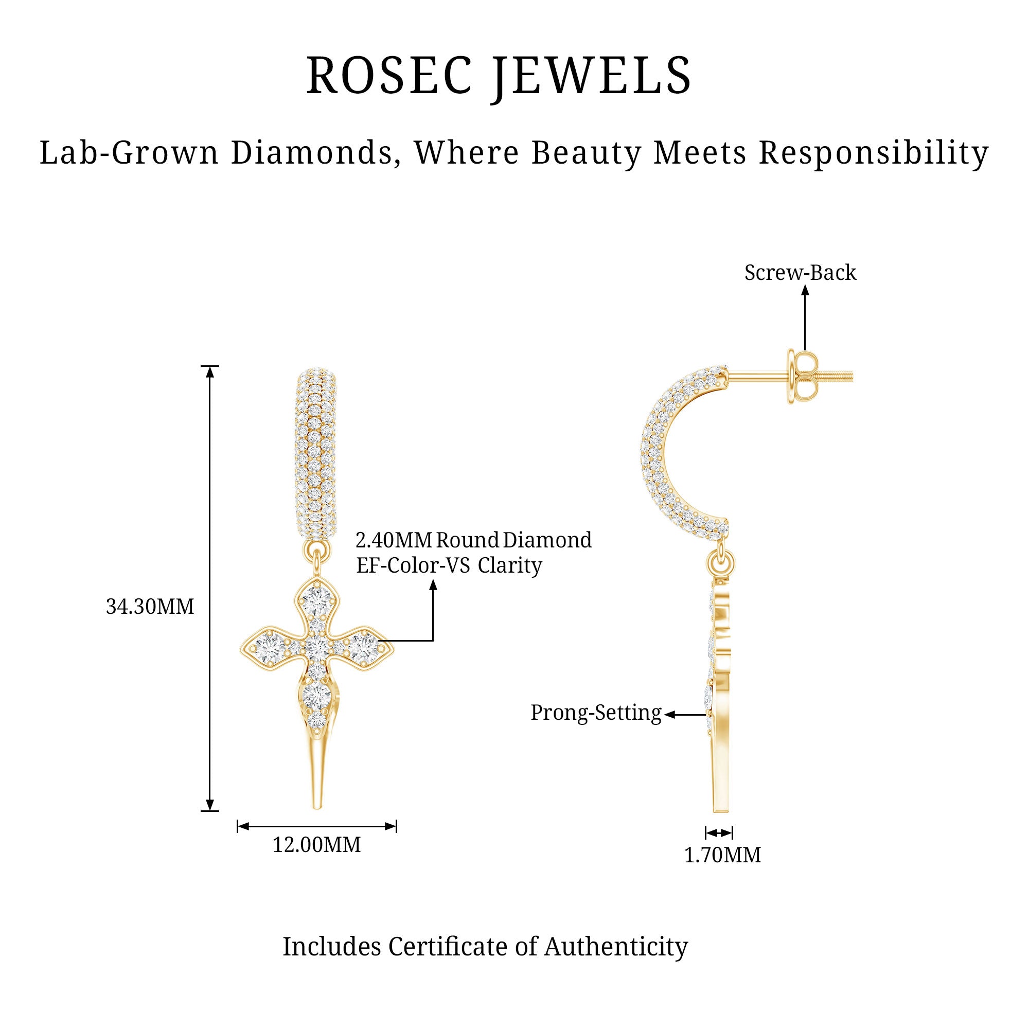Lab Grown Diamond Designer Cross Earrings With Screw Back Lab - ( EF-VS ) - Rosec Jewels