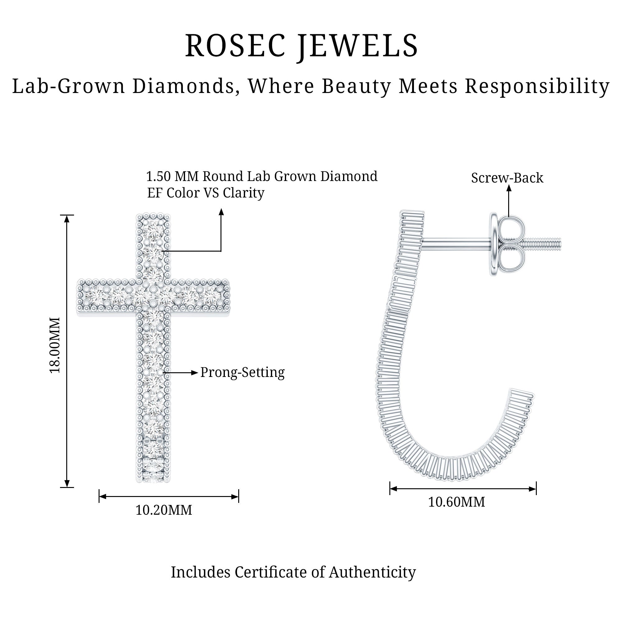 Lab Grown Diamond Religious Cross Earrings with Screw back Lab - ( EF-VS ) - Rosec Jewels