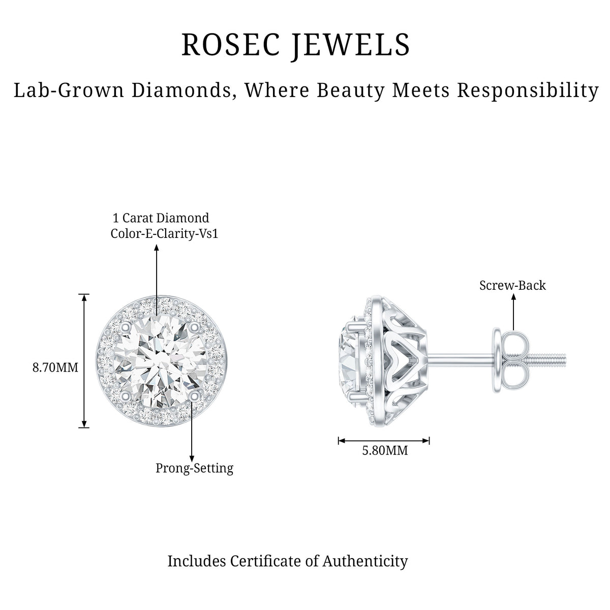 IGI Certified Round Lab Grown Diamond Bridal Stud Earrings Lab - ( E-VS1 ) - Rosec Jewels