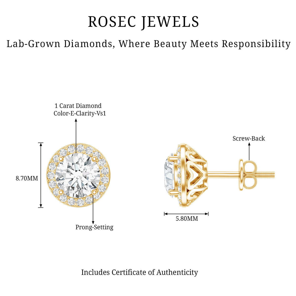 IGI Certified Round Lab Grown Diamond Bridal Stud Earrings Lab - ( E-VS1 ) - Rosec Jewels