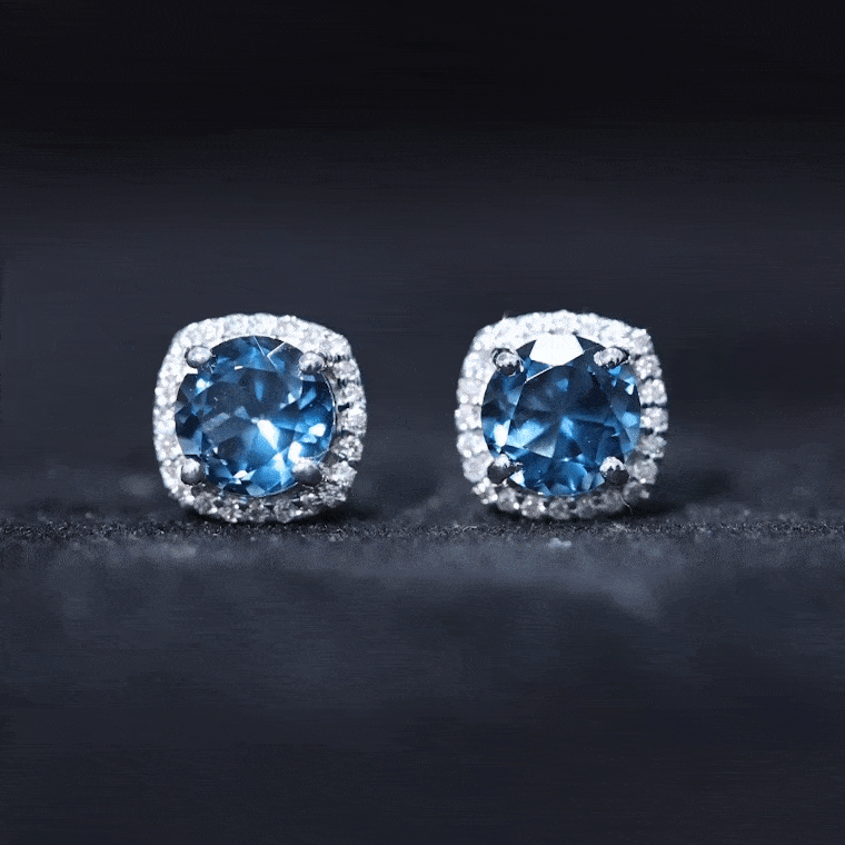 London Blue Topaz and Diamond Halo Stud Earrings AAA - Rosec Jewels