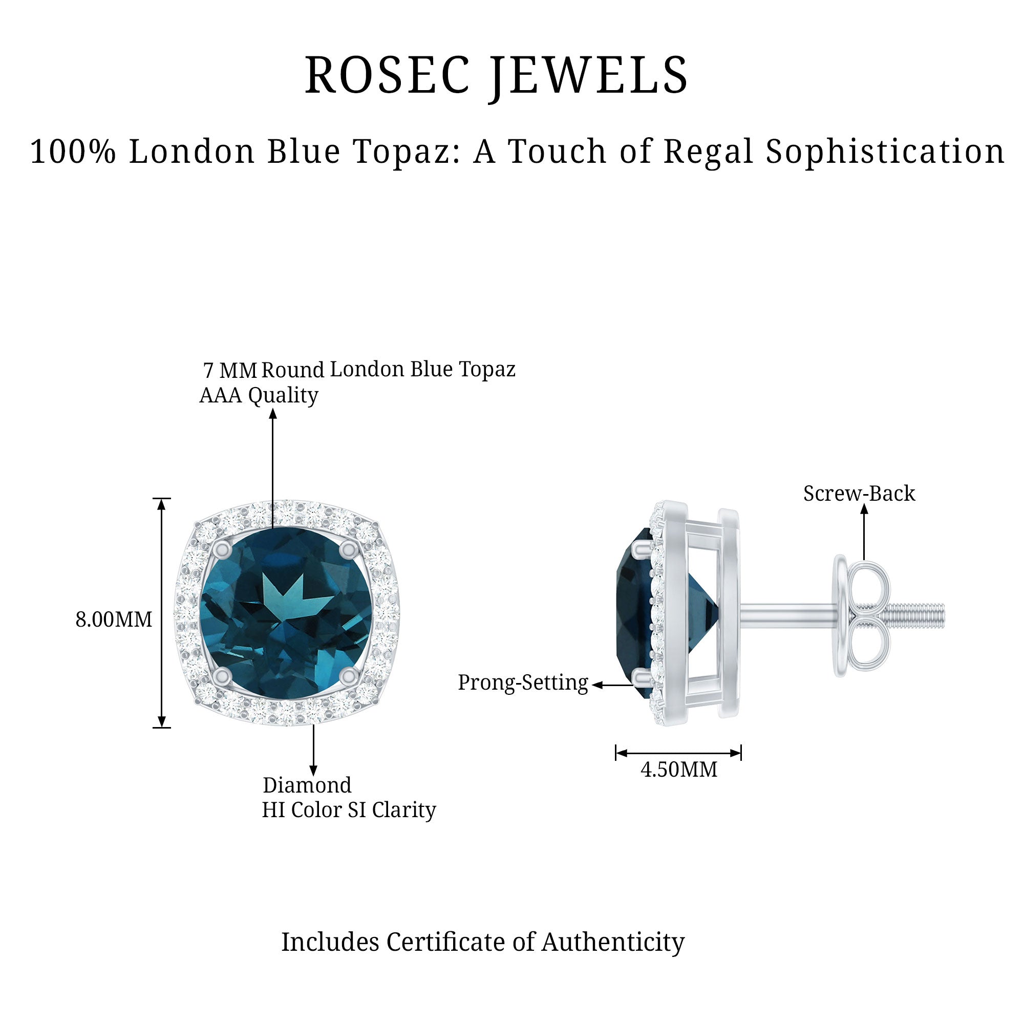 London Blue Topaz and Diamond Halo Stud Earrings AAA - Rosec Jewels