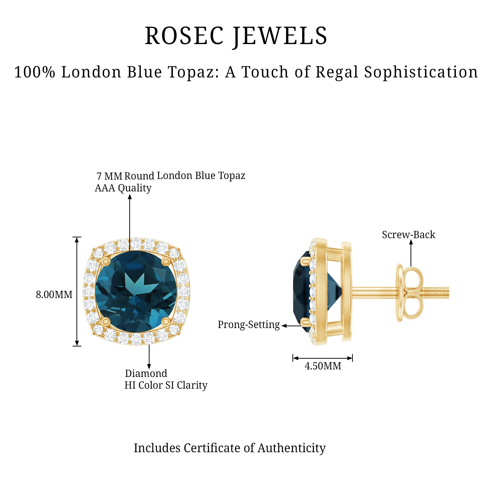 London Blue Topaz and Diamond Halo Stud Earrings AAA - Rosec Jewels