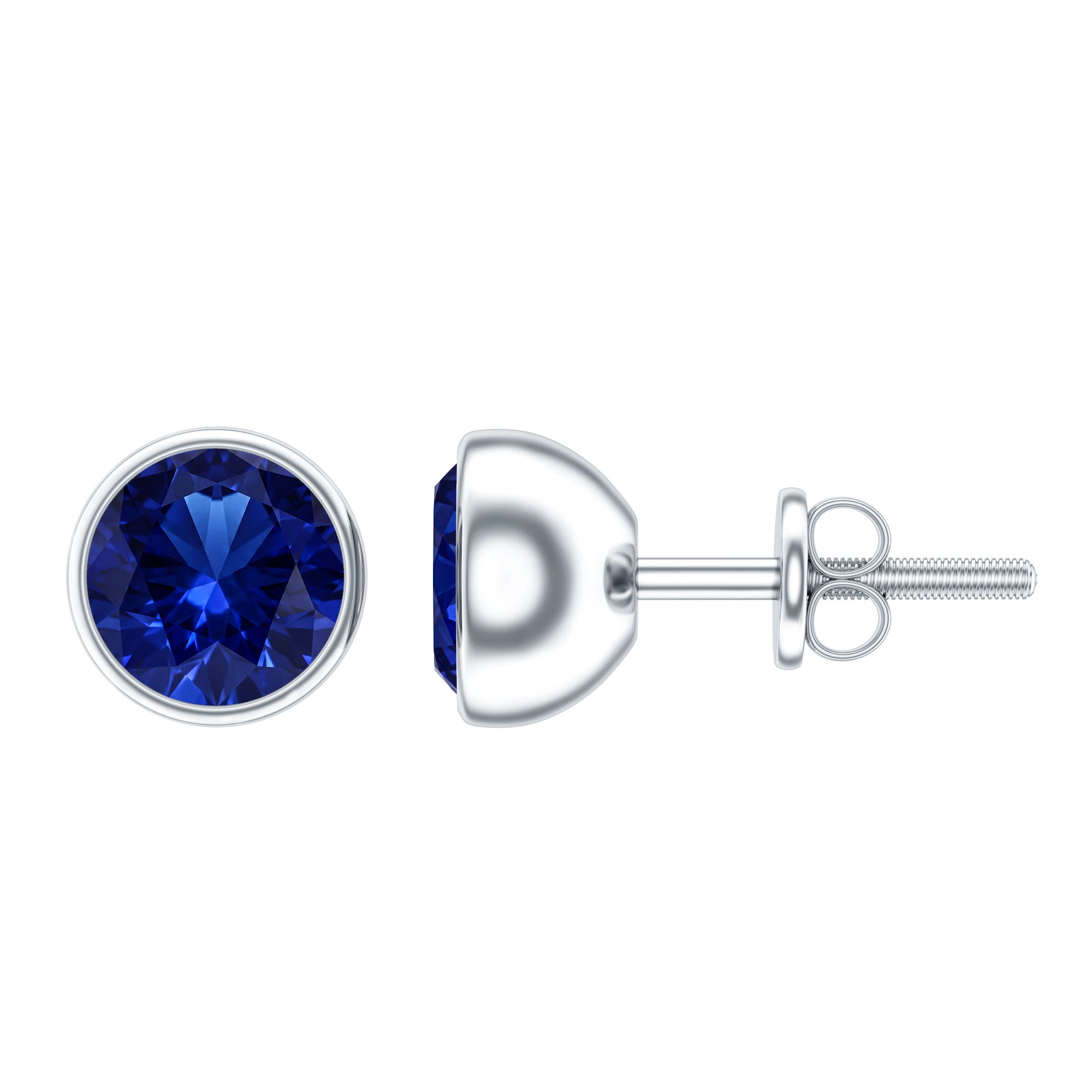 2 Carat Round Lab Created Blue Sapphire Stud Earrings in Bezel Setting AAAA - Rosec Jewels