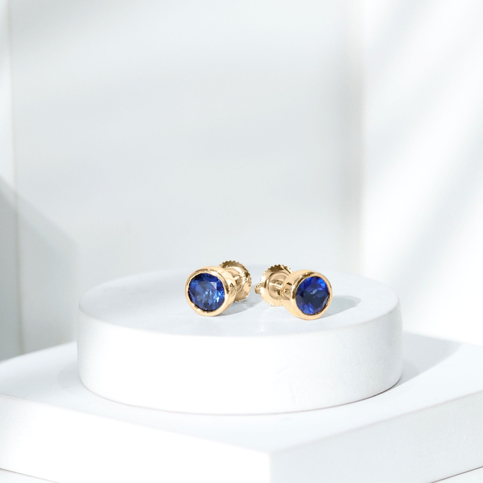 2 Carat Round Lab Created Blue Sapphire Stud Earrings in Bezel Setting AAAA - Rosec Jewels