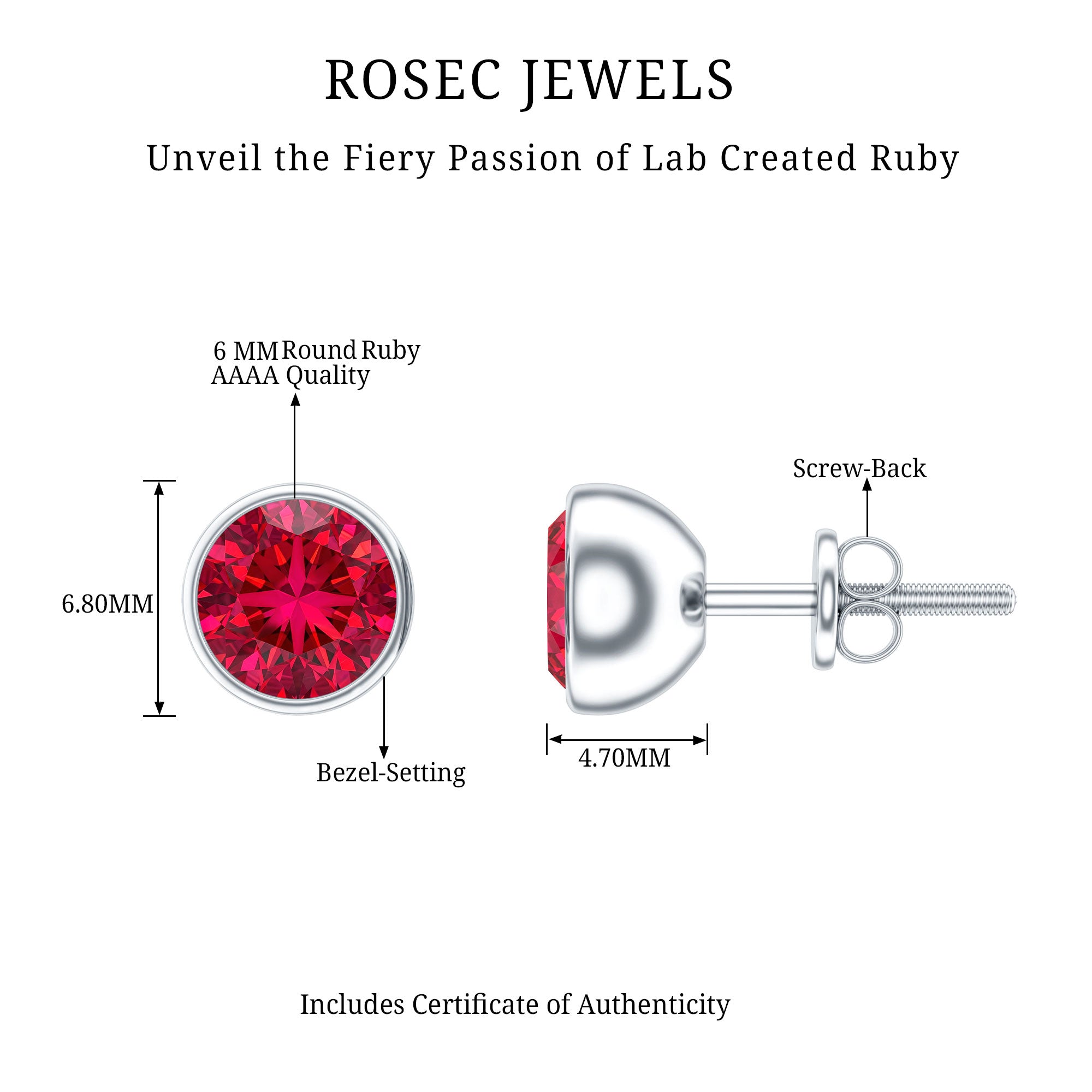 Lab Grown Ruby Solitaire Stud Earrings in Bezel Setting AAAA - Rosec Jewels
