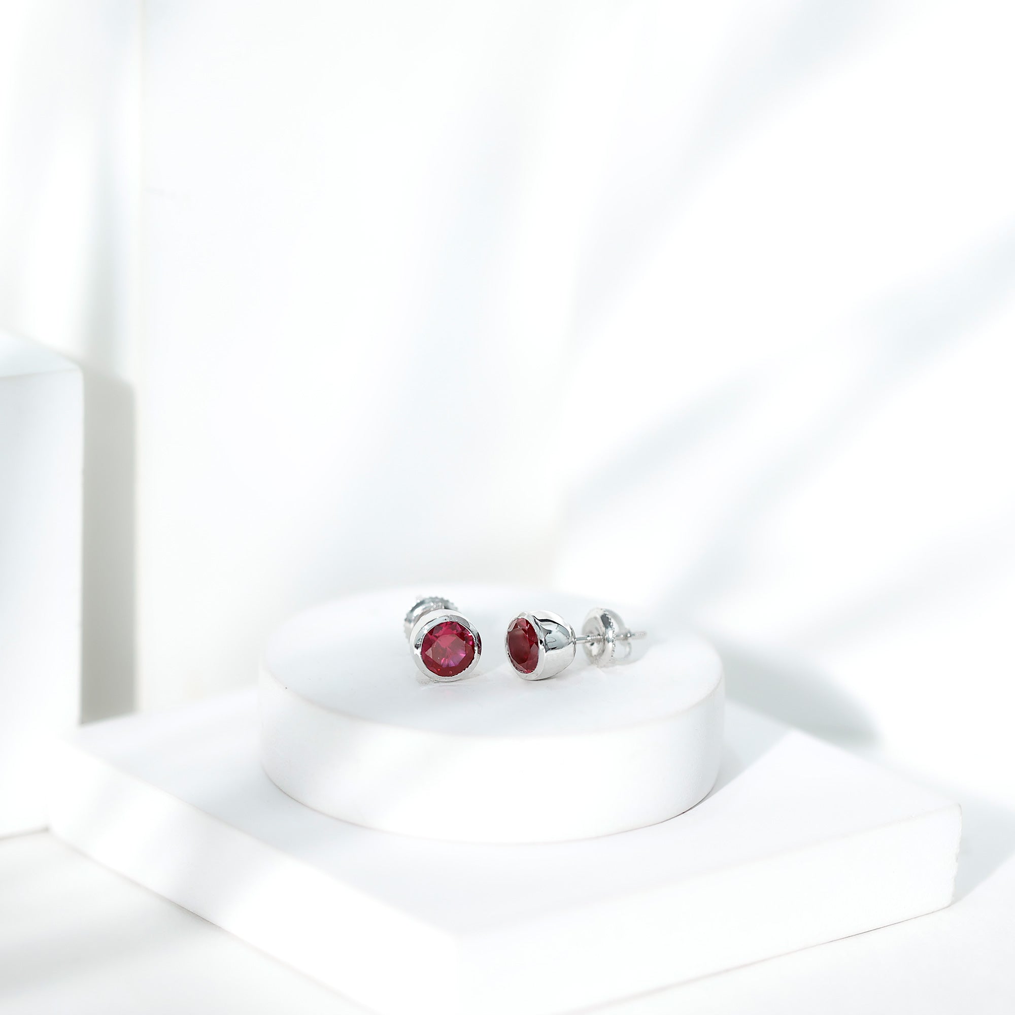 Lab Grown Ruby Solitaire Stud Earrings in Bezel Setting AAAA - Rosec Jewels