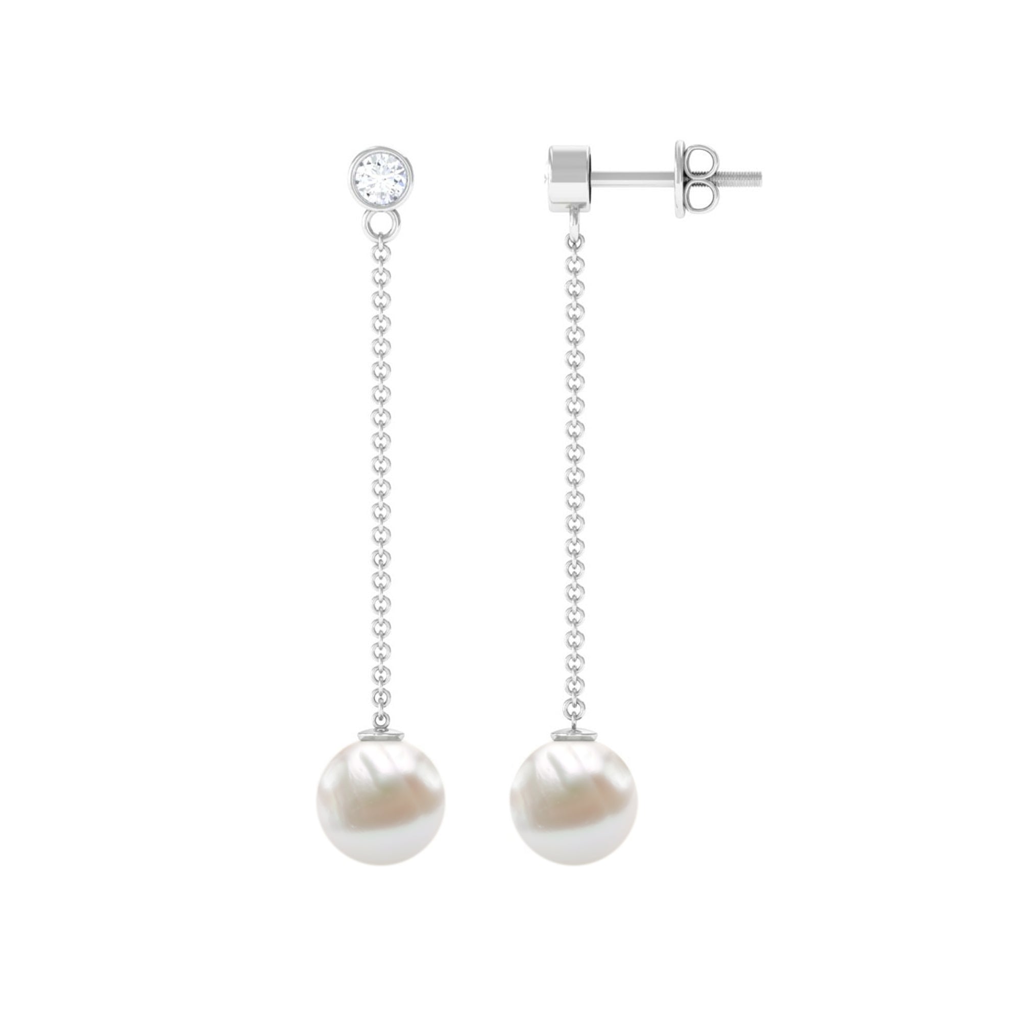 7MM Freshwater Pearl and Diamond Chain Drop Earrings AAA - Rosec Jewels