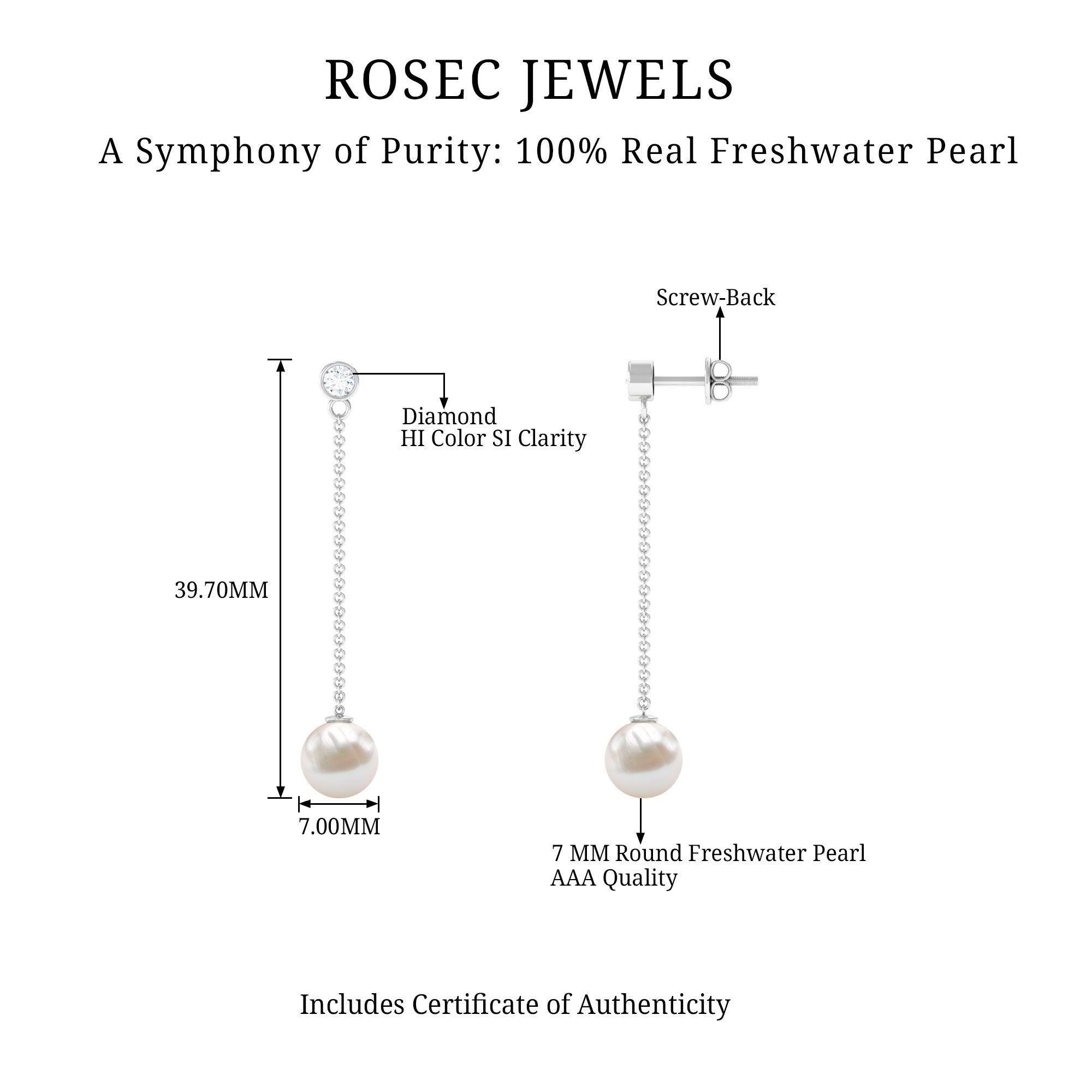 7MM Freshwater Pearl and Diamond Chain Drop Earrings AAA - Rosec Jewels