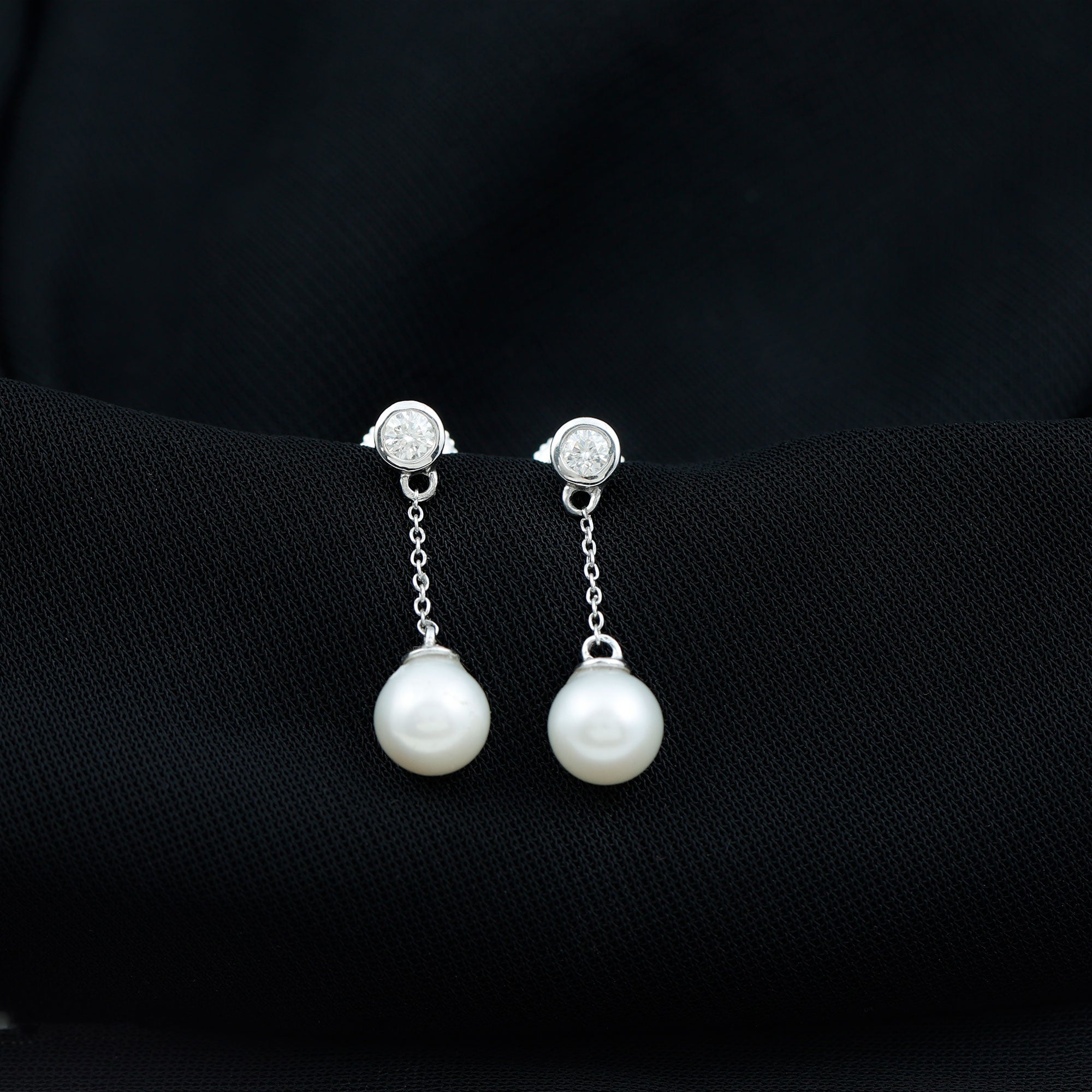 7MM Freshwater Pearl and Diamond Chain Drop Earrings AAA - Rosec Jewels