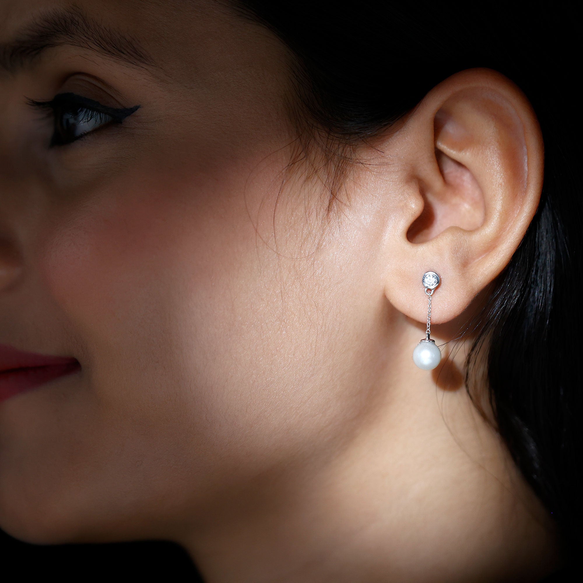 7MM Freshwater Pearl and Diamond Chain Drop Earrings AAA - Rosec Jewels