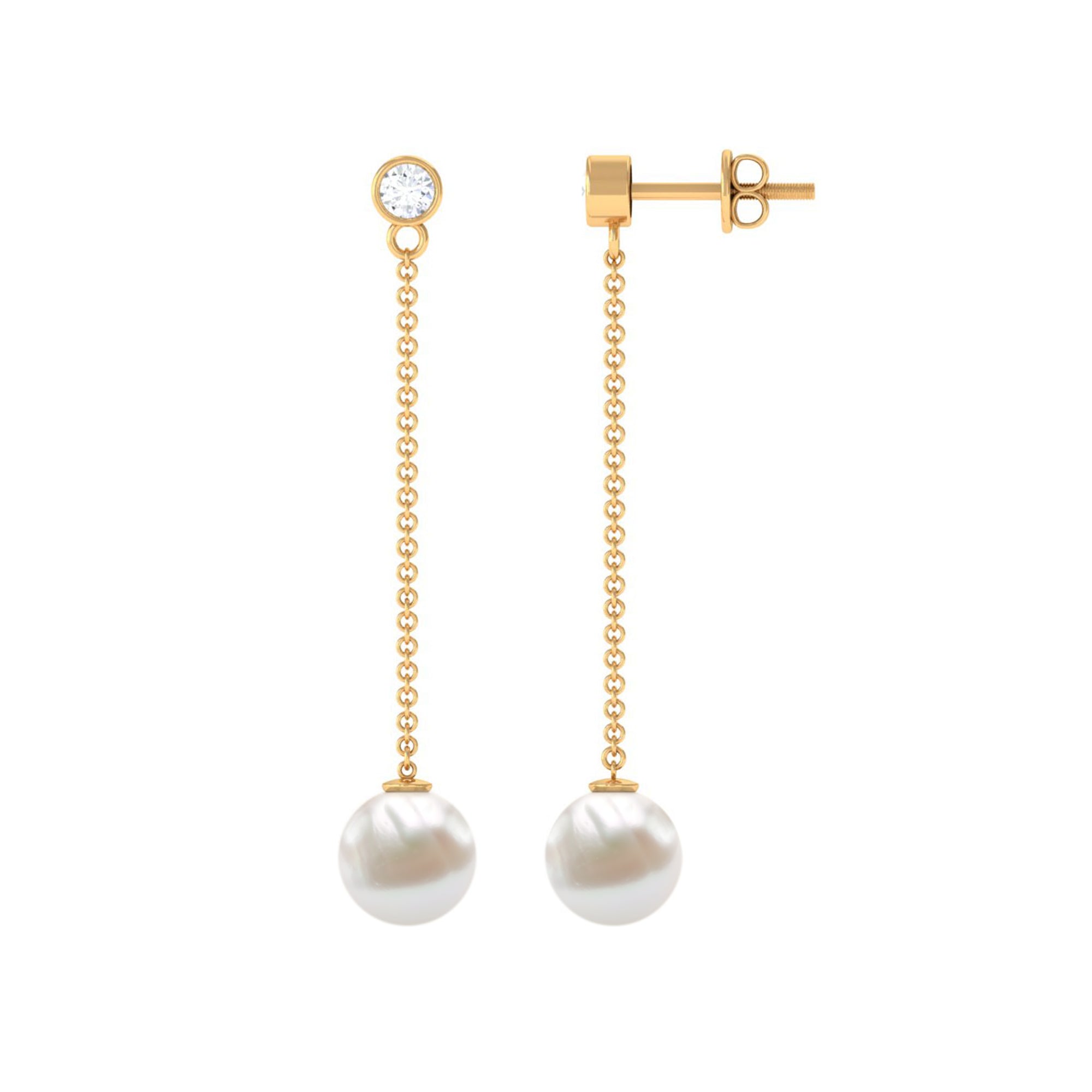 7MM Freshwater Pearl and Diamond Chain Drop Earrings AAA - Rosec Jewels