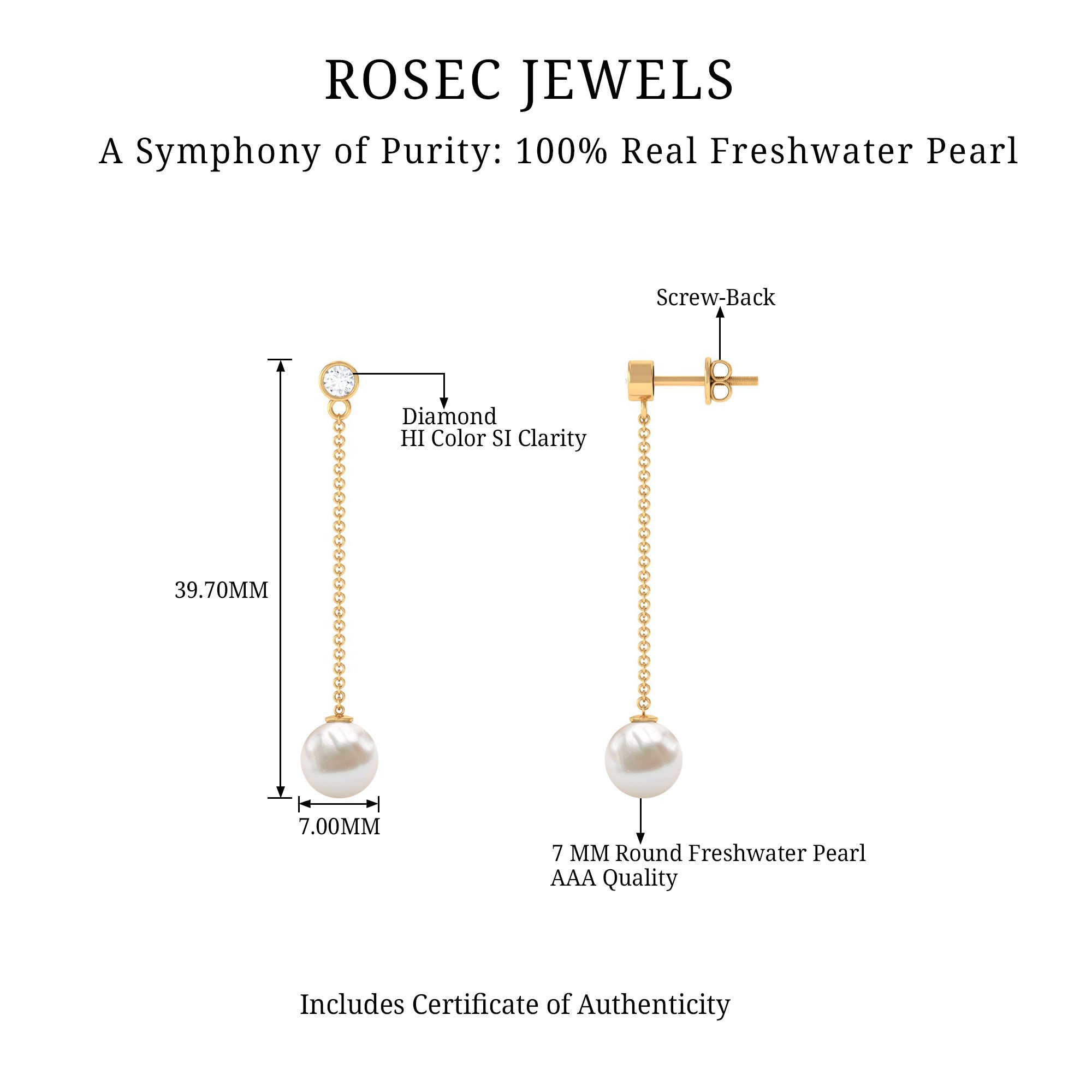 7MM Freshwater Pearl and Diamond Chain Drop Earrings AAA - Rosec Jewels