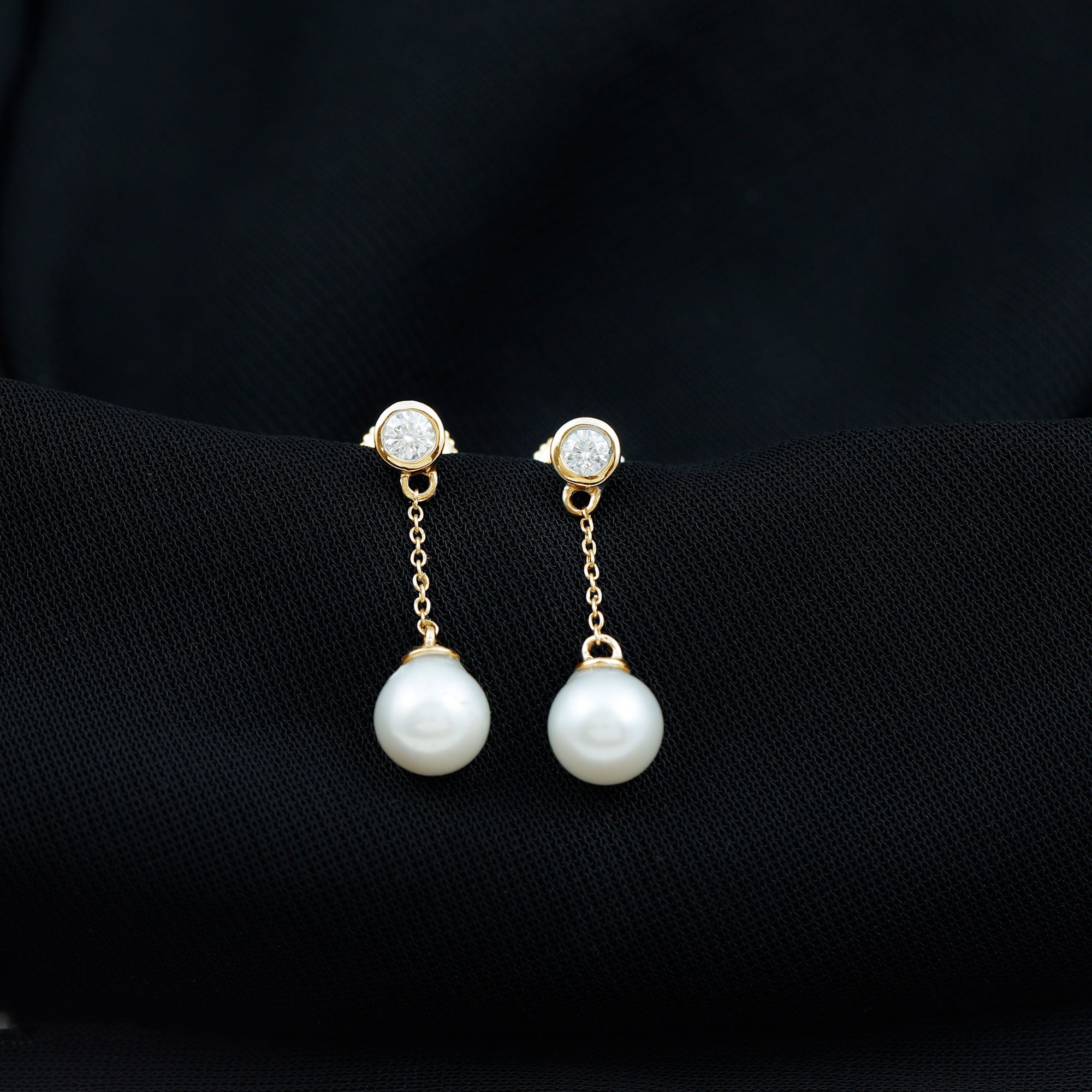 7MM Freshwater Pearl and Diamond Chain Drop Earrings AAA - Rosec Jewels