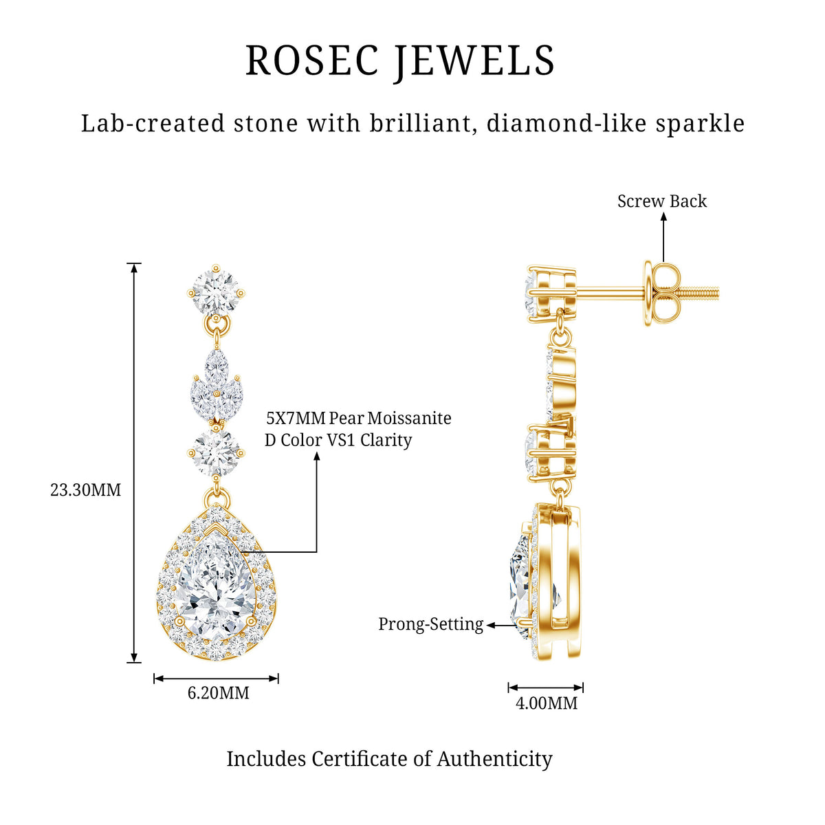 Classic Pear Shape Moissanite Bridal Dangle Earrings D-VS1 - Rosec Jewels