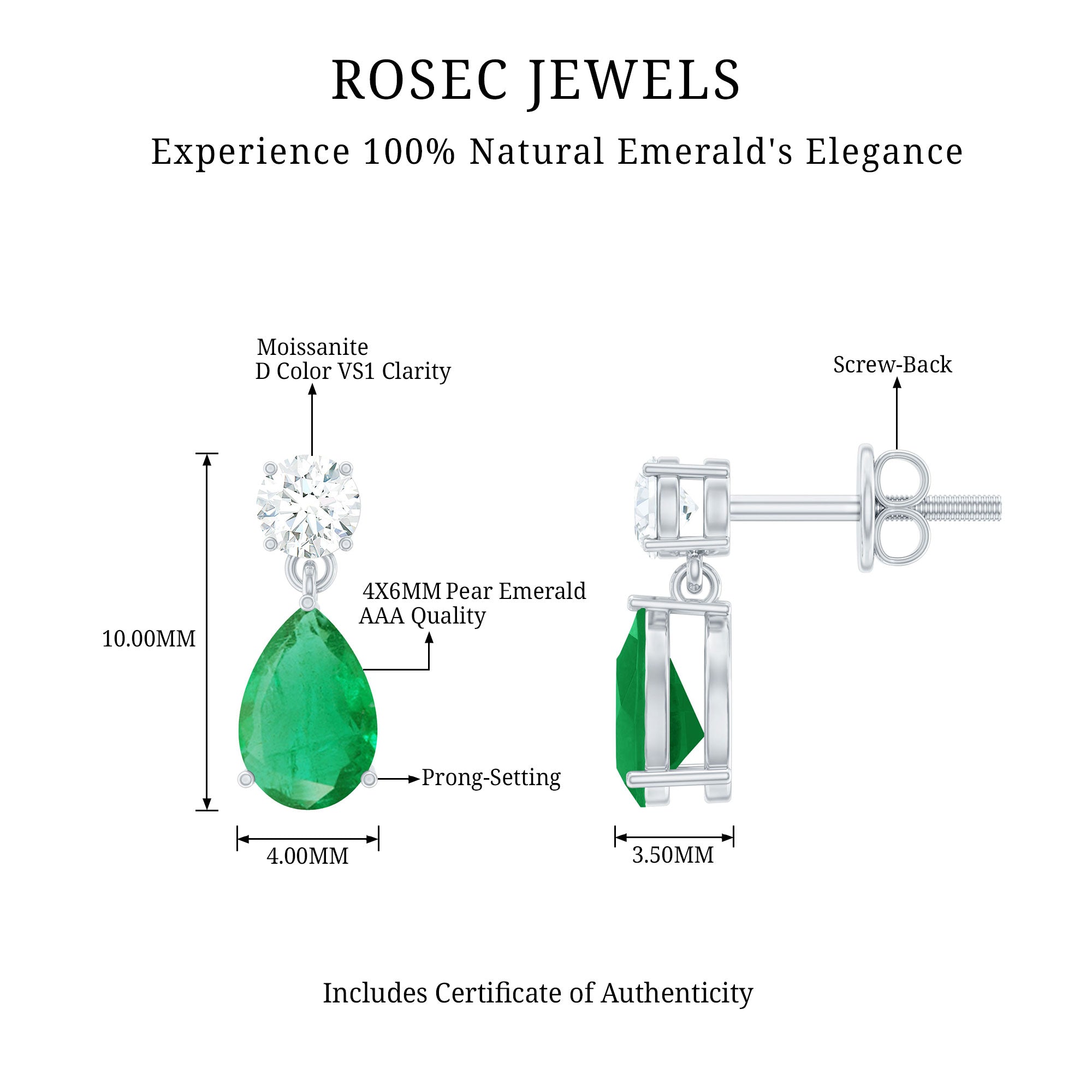 Certified Emerald and Diamond Bridal Teardrop Earrings AAA - Rosec Jewels