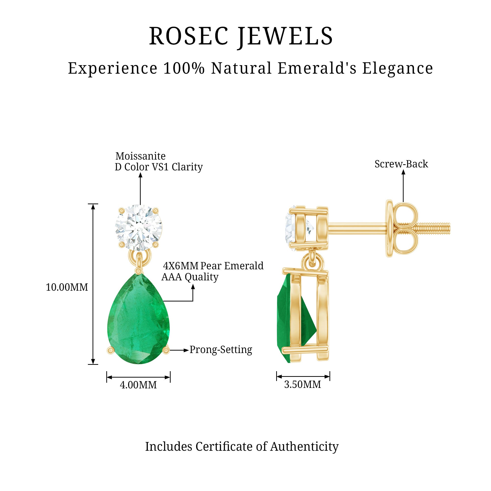 Certified Emerald and Diamond Bridal Teardrop Earrings AAA - Rosec Jewels