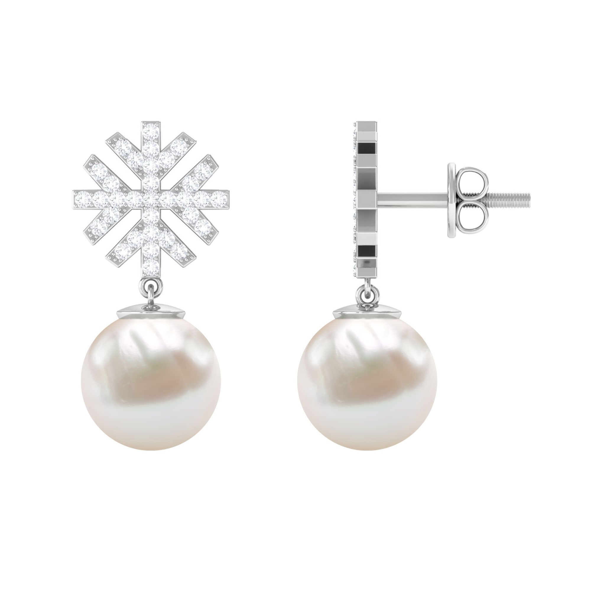 Freshwater Pearl Drop Earrings with Round Shape Diamond Stones