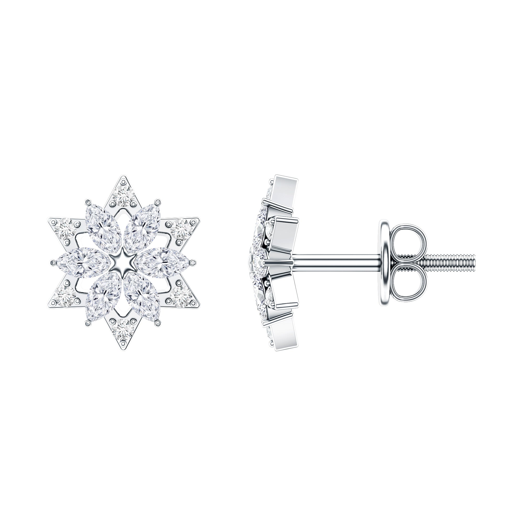 Round Diamond Flower Stud Earrings With Screw Back Natural - ( HI-SI ) - Rosec Jewels