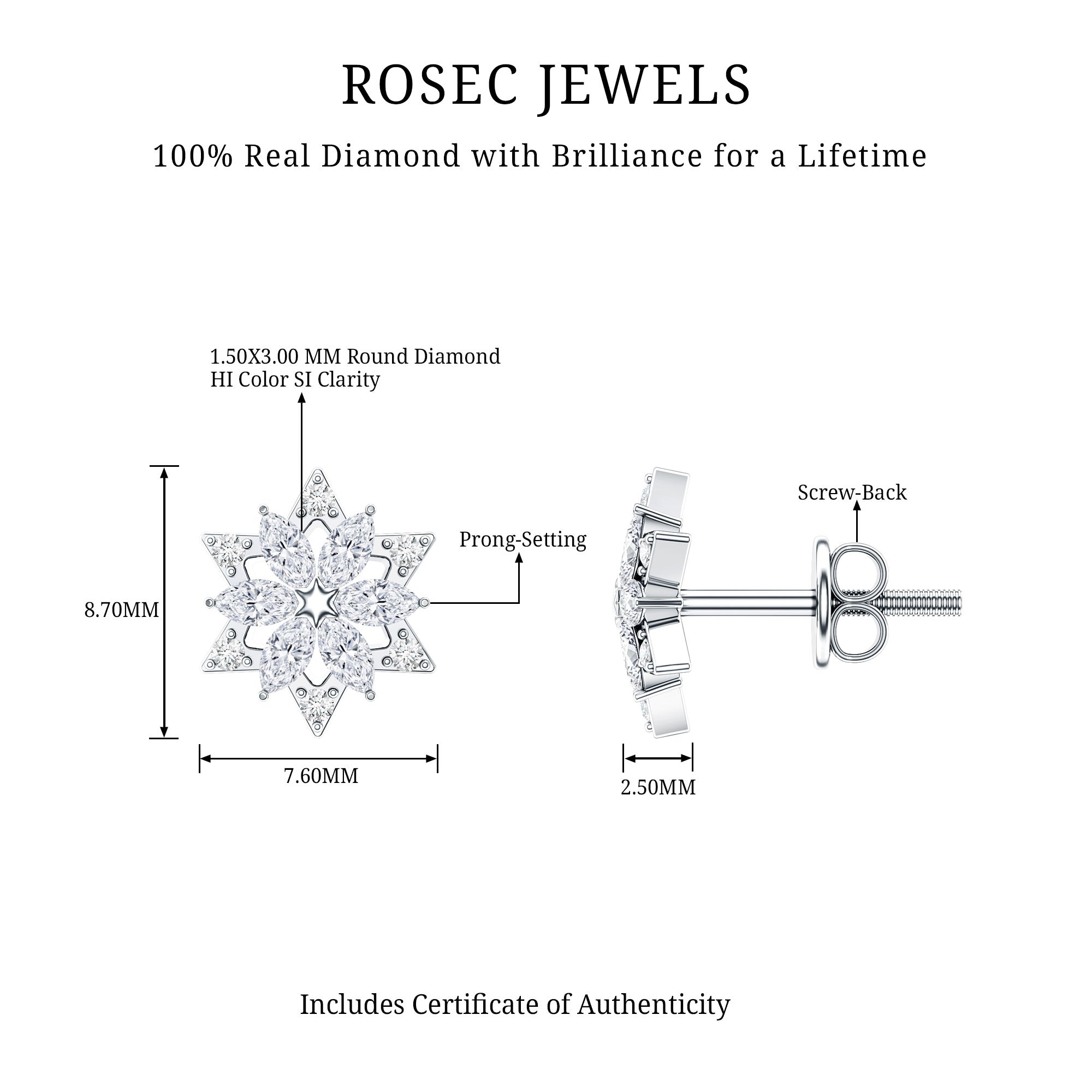 Round Diamond Flower Stud Earrings With Screw Back Natural - ( HI-SI ) - Rosec Jewels