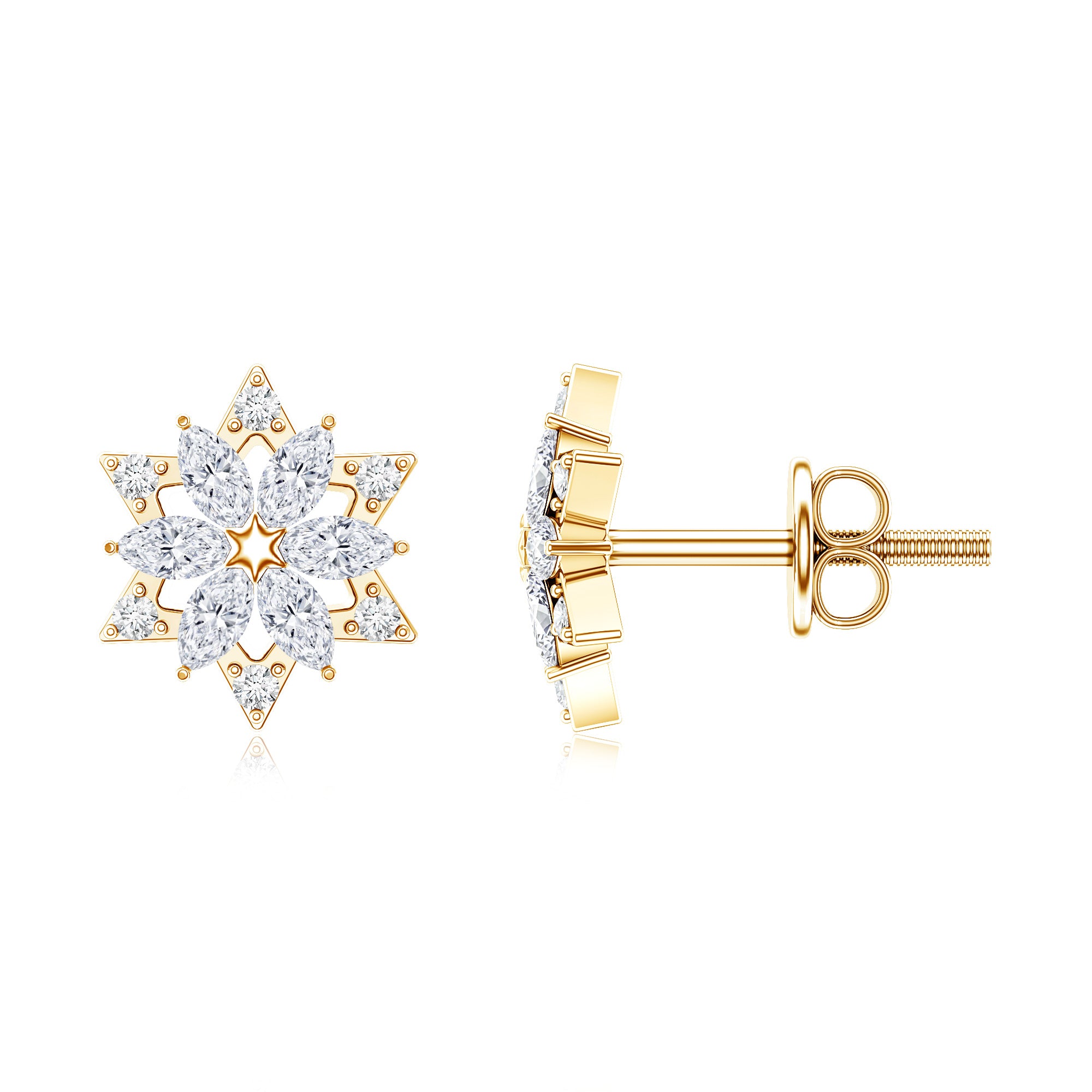 Round Diamond Flower Stud Earrings With Screw Back Natural - ( HI-SI ) - Rosec Jewels