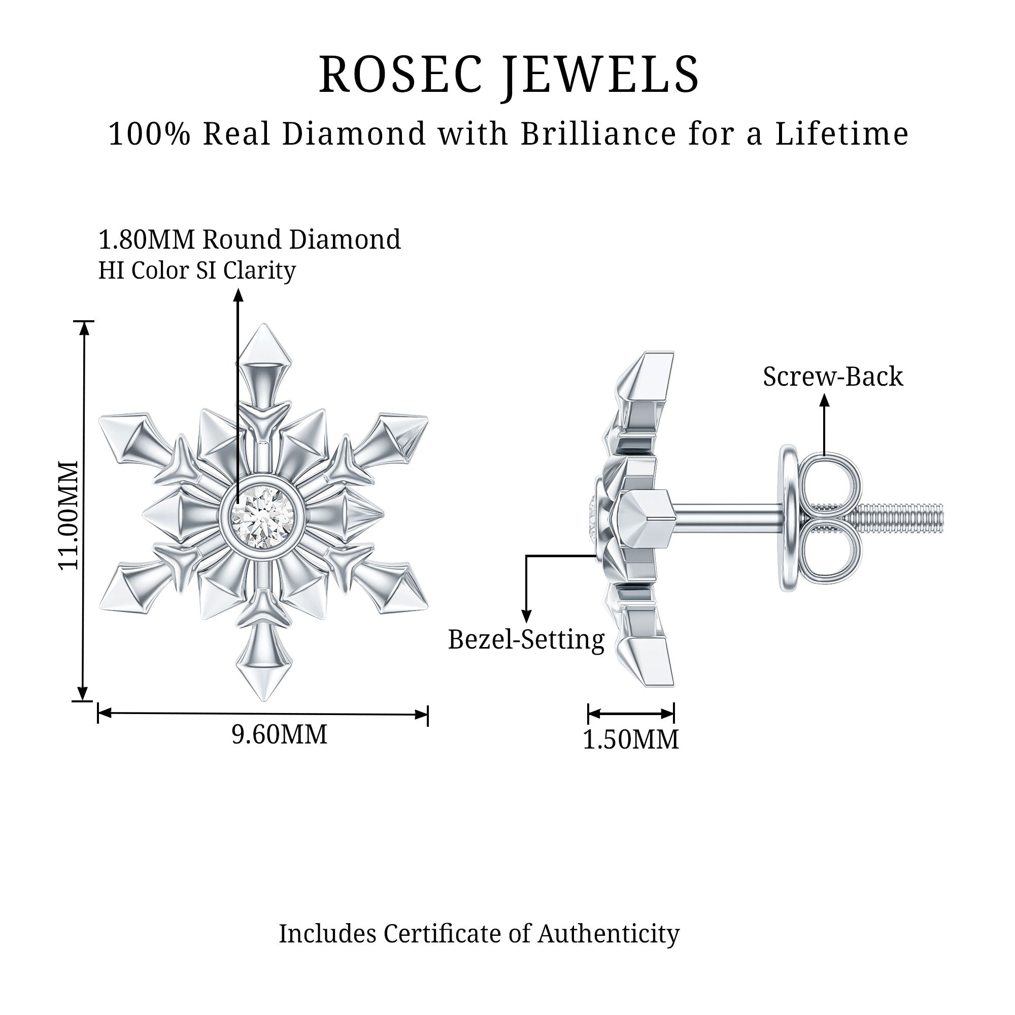 Bezel Set Diamond Snowflake Stud Earrings Natural - ( HI-SI ) - Rosec Jewels