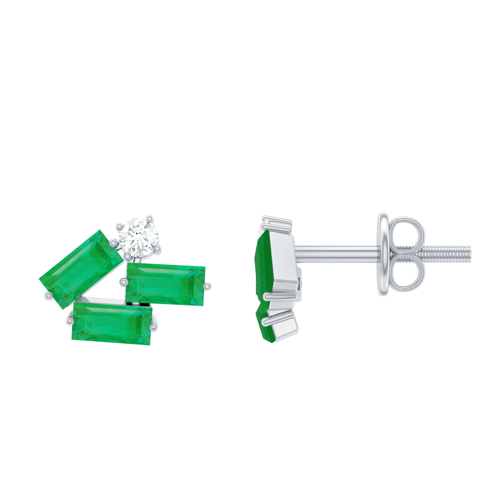 Baguette Cut Emerald and Diamond Cluster Stud Earrings AAA - Rosec Jewels