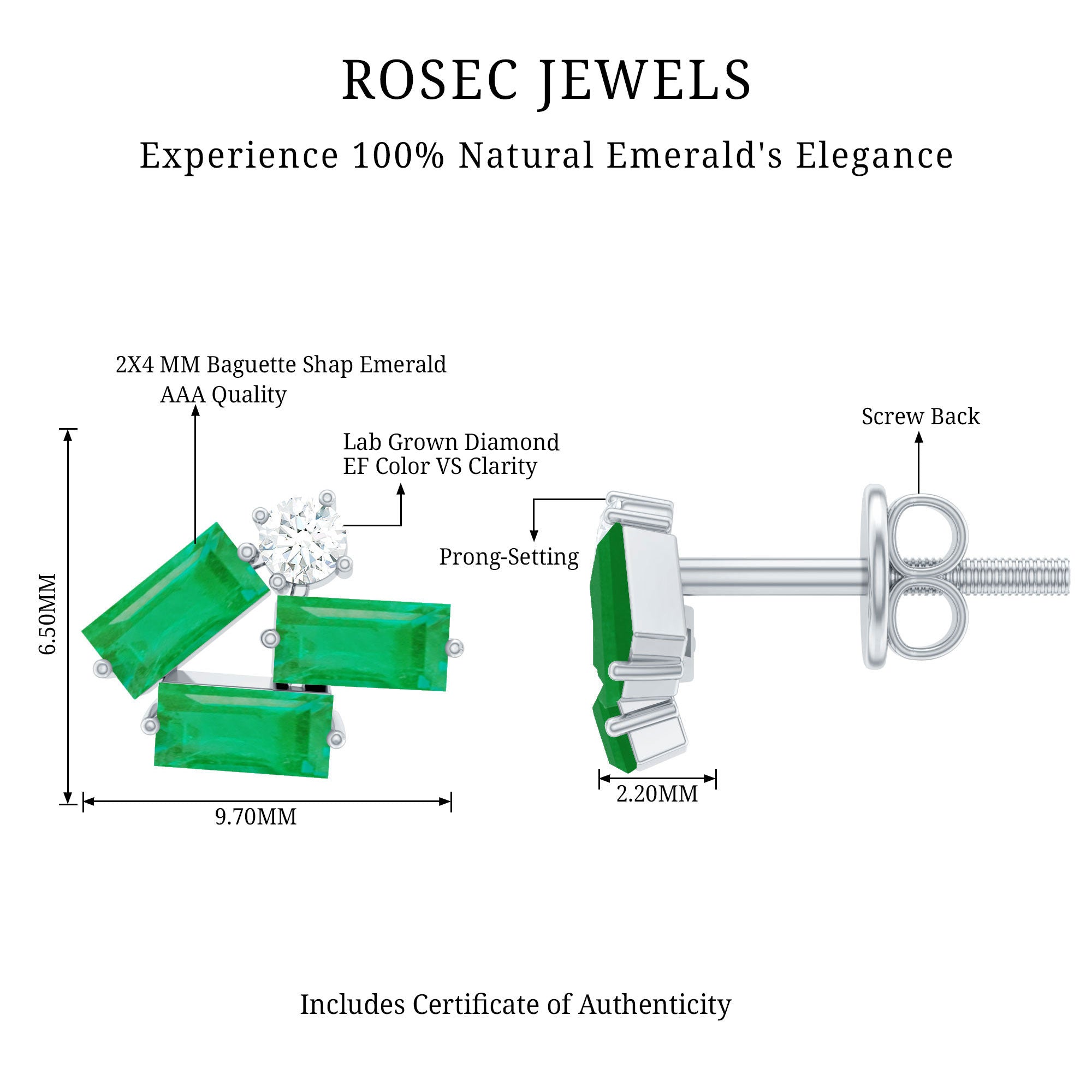 Baguette Cut Emerald and Diamond Cluster Stud Earrings AAA - Rosec Jewels