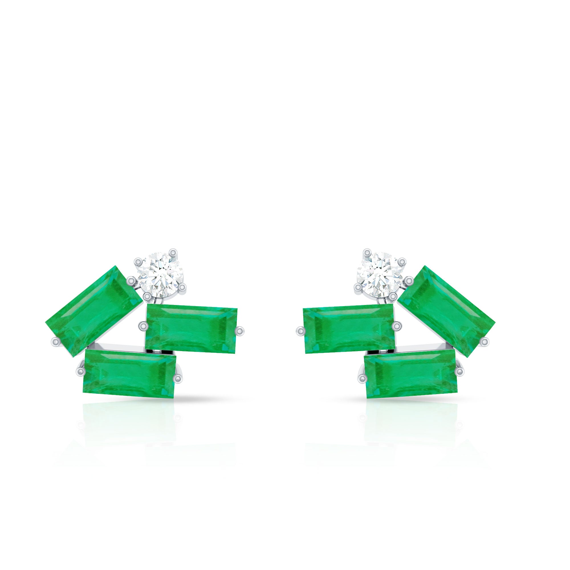 Baguette Cut Emerald and Diamond Cluster Stud Earrings AAA - Rosec Jewels