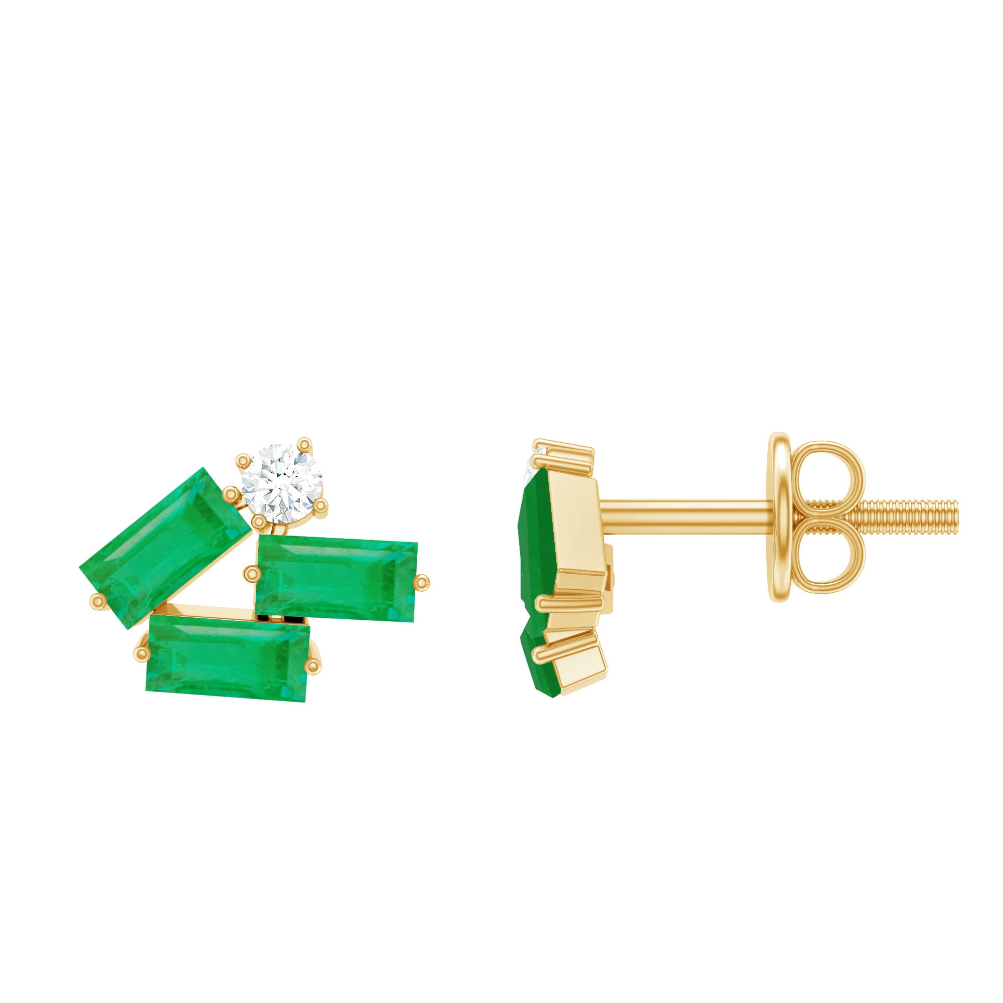 Baguette Cut Emerald and Diamond Cluster Stud Earrings AAA - Rosec Jewels
