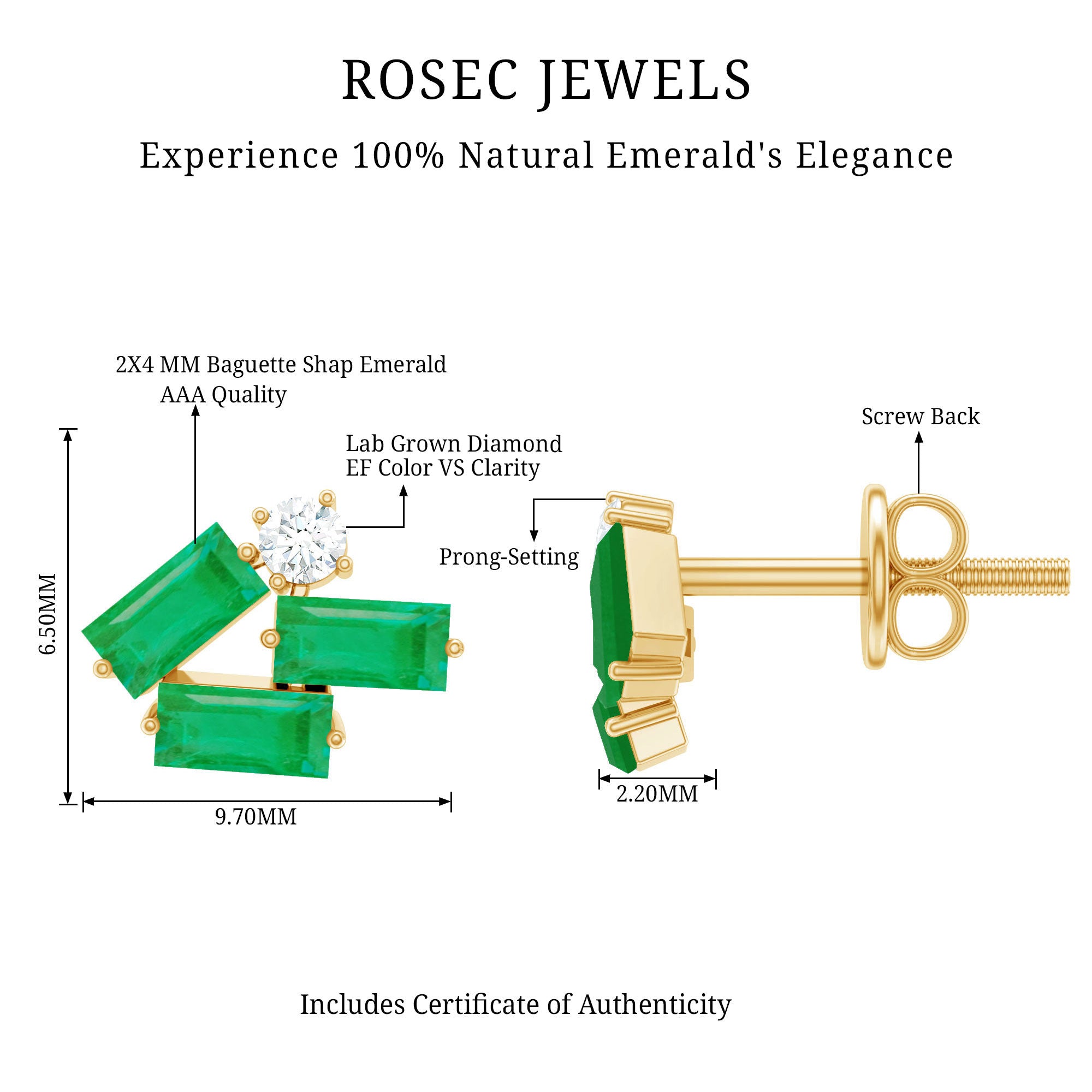 Baguette Cut Emerald and Diamond Cluster Stud Earrings AAA - Rosec Jewels
