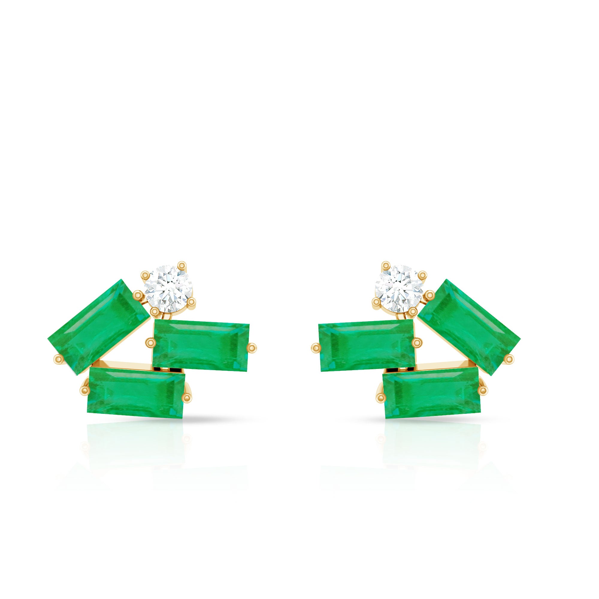 Baguette Cut Emerald and Diamond Cluster Stud Earrings AAA - Rosec Jewels