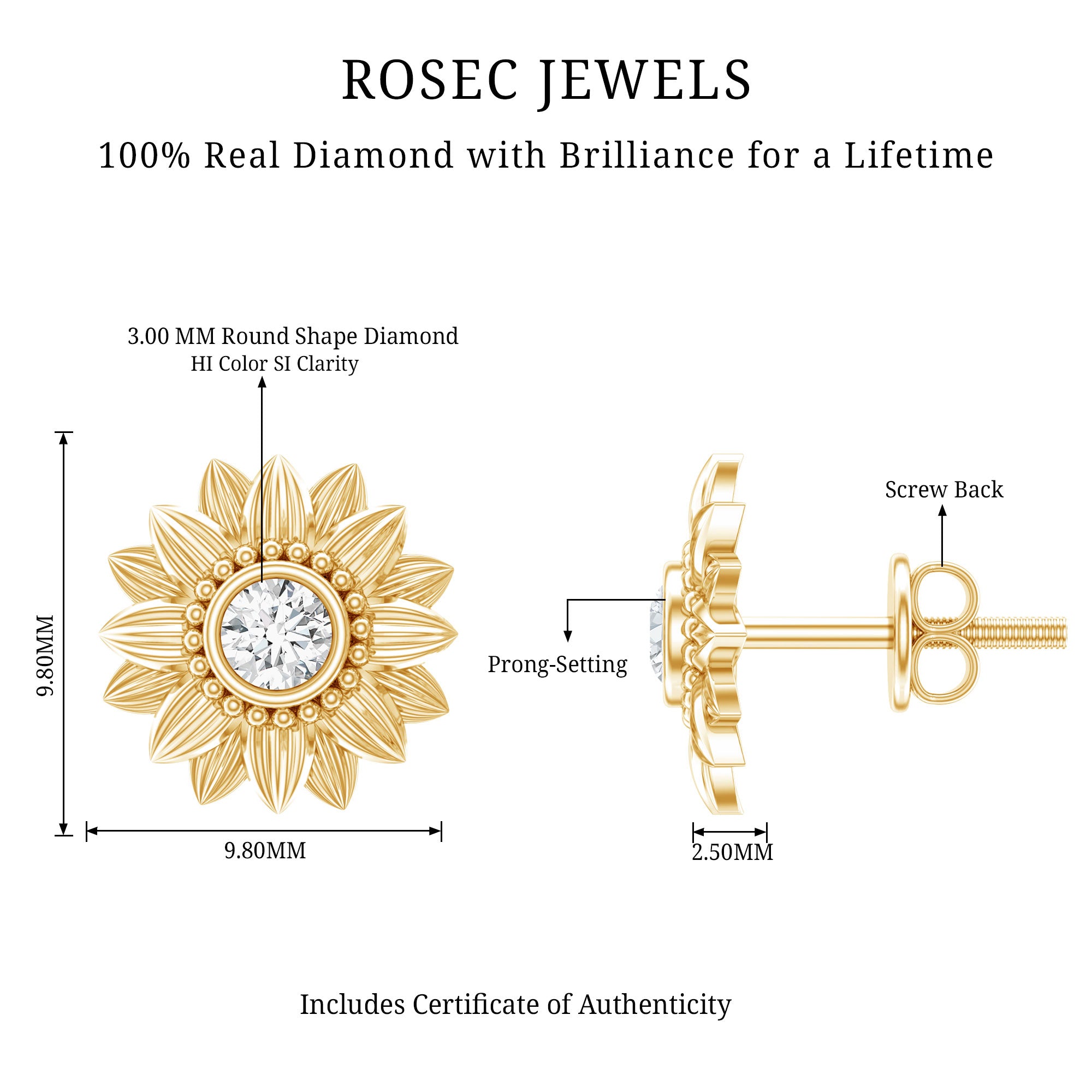 Diamond Sunflower Stud Earrings For Her Natural - ( HI-SI ) - Rosec Jewels