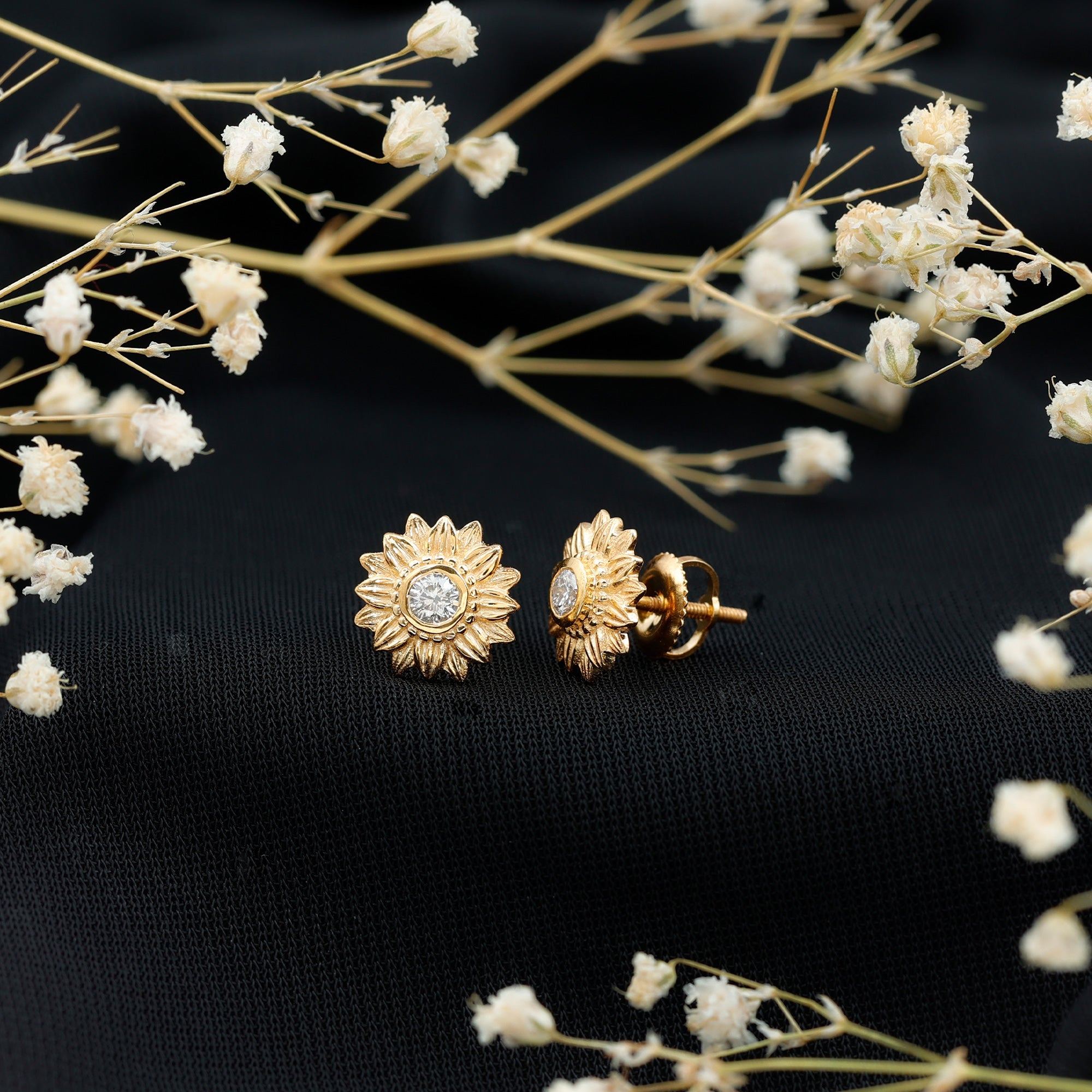 Diamond Sunflower Stud Earrings For Her Natural - ( HI-SI ) - Rosec Jewels