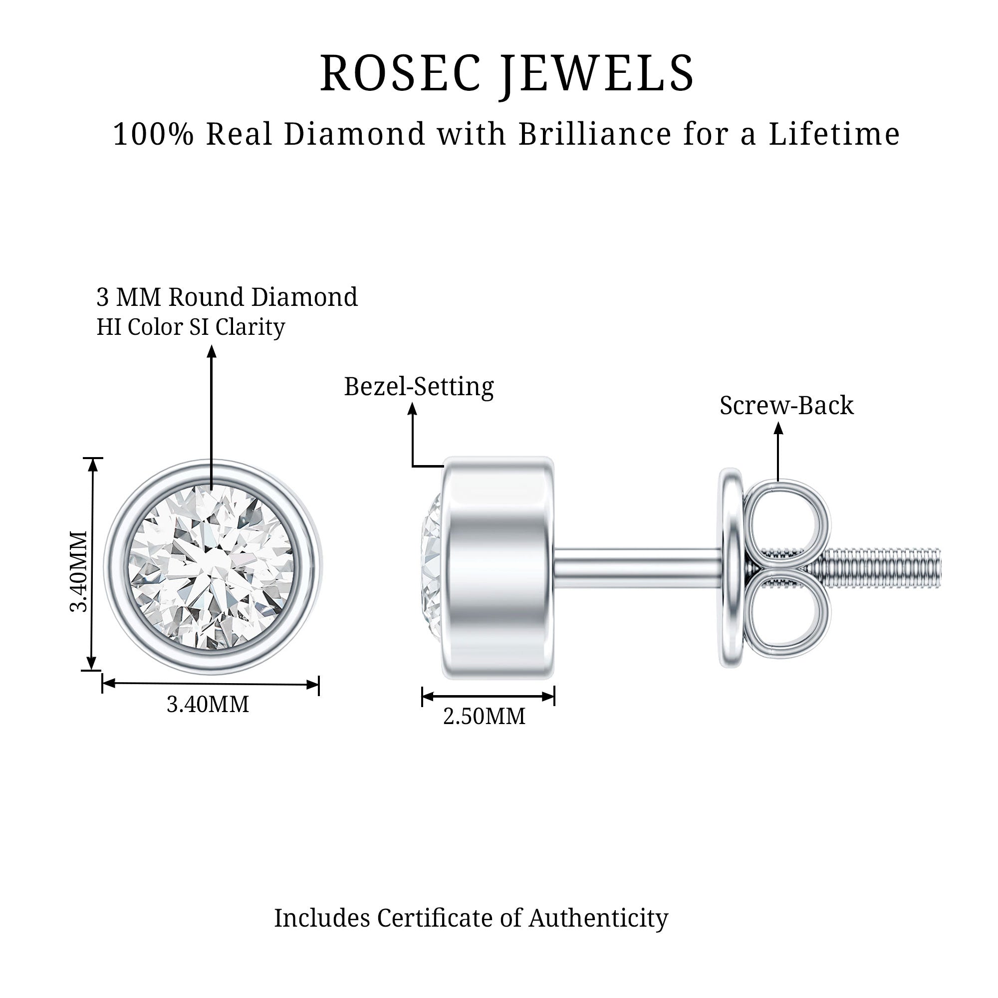 Minimalistic Bezel Set Diamond Stud Earrings Natural - ( HI-SI ) - Rosec Jewels