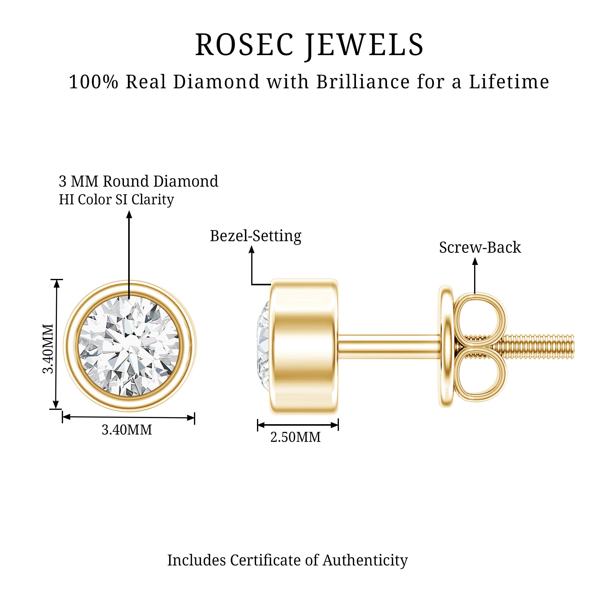 Minimalistic Bezel Set Diamond Stud Earrings Natural - ( HI-SI ) - Rosec Jewels