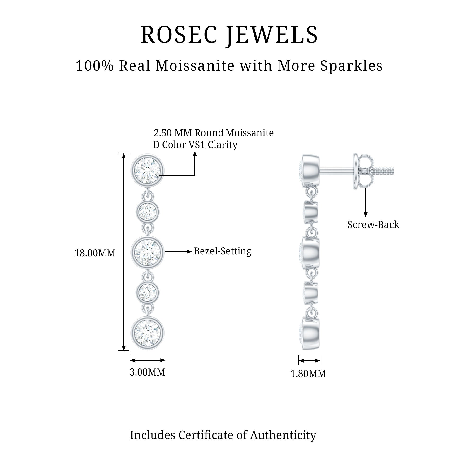 Certified Moissanite Dangle Earrings in Bezel Setting D-VS1 - Rosec Jewels