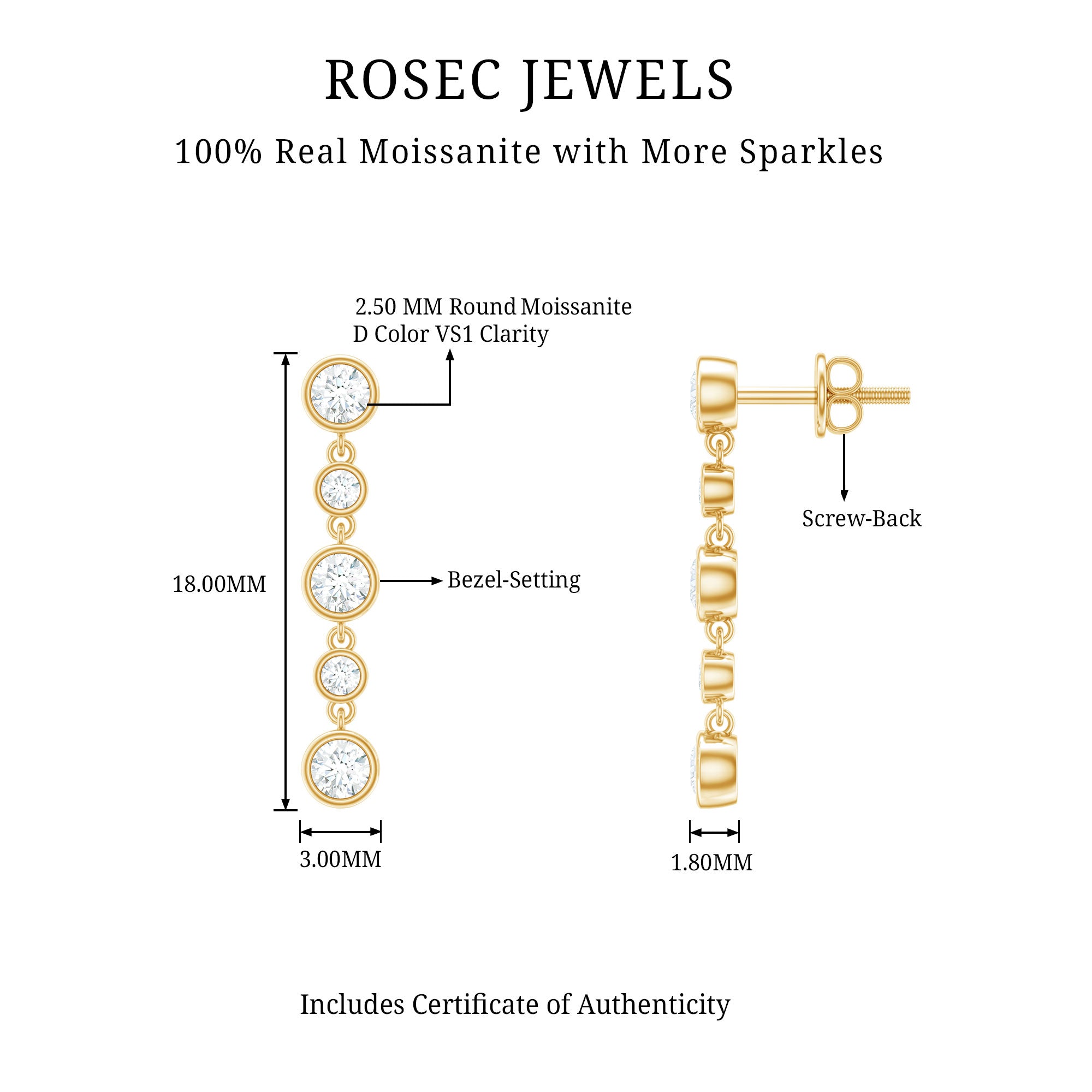 Certified Moissanite Dangle Earrings in Bezel Setting D-VS1 - Rosec Jewels