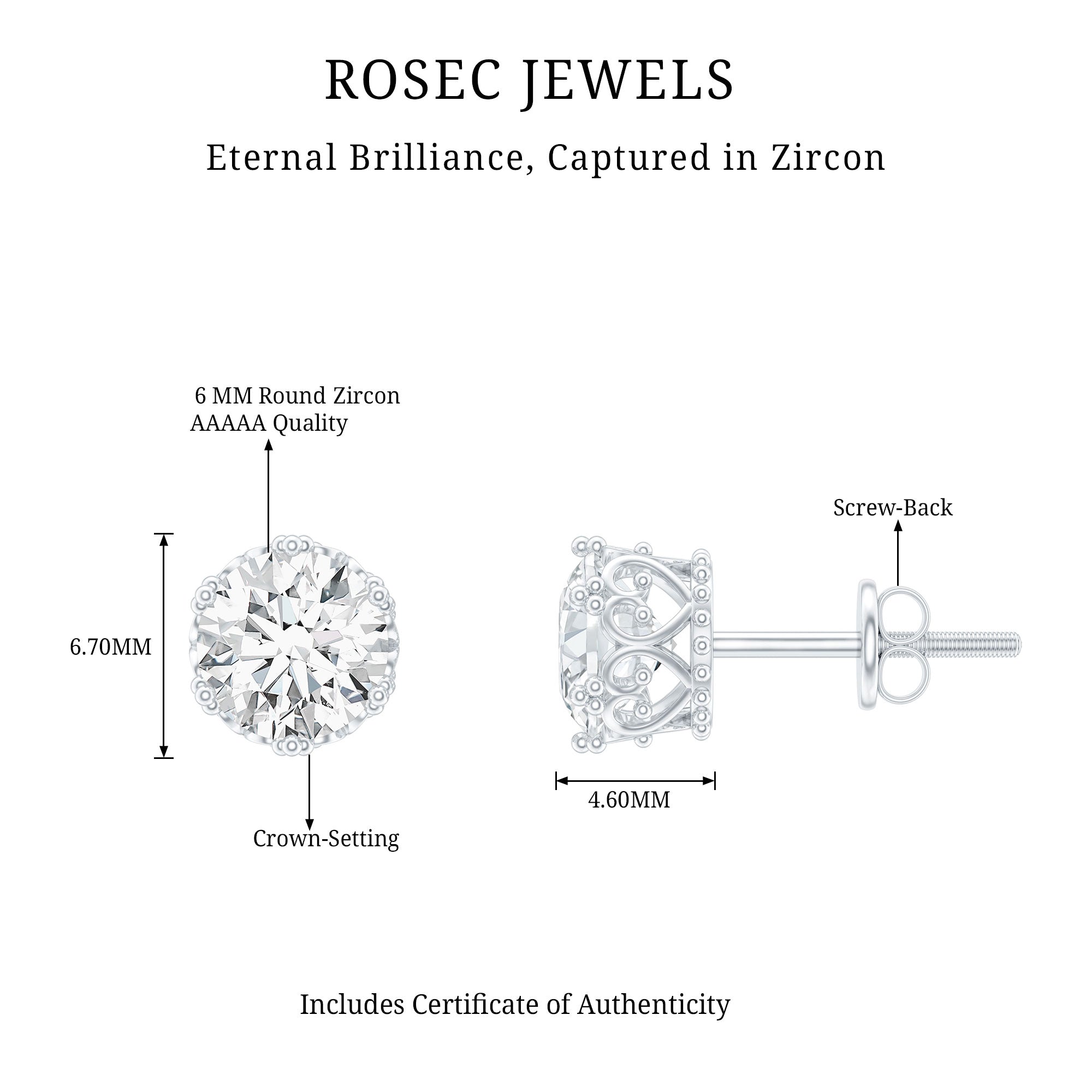 2 CT Round Cut Zircon Solitaire Stud Earrings in Crown Setting AAAAA - Rosec Jewels