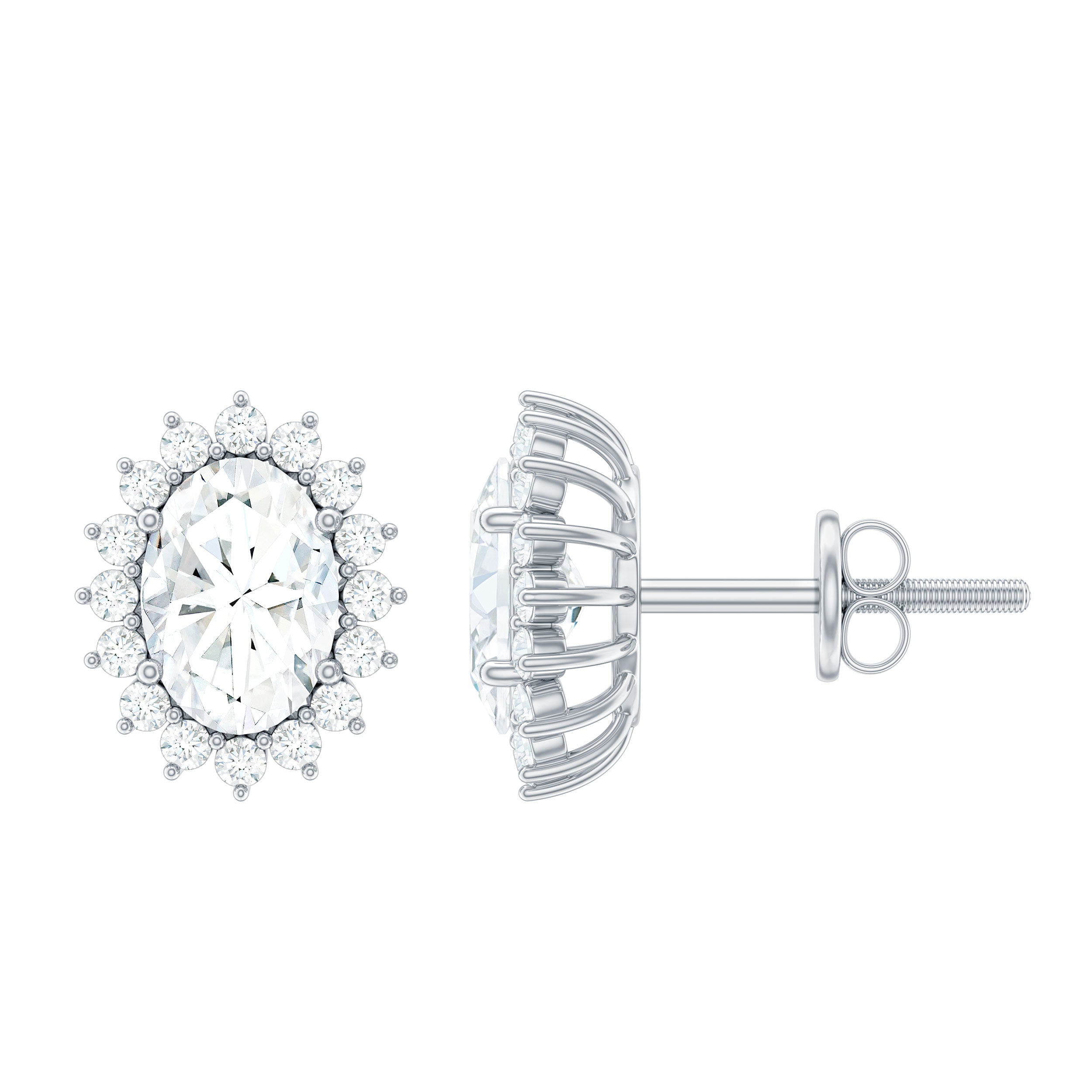 Oval Shaped CZ Diamond Halo Stud Earrings with Screw Back