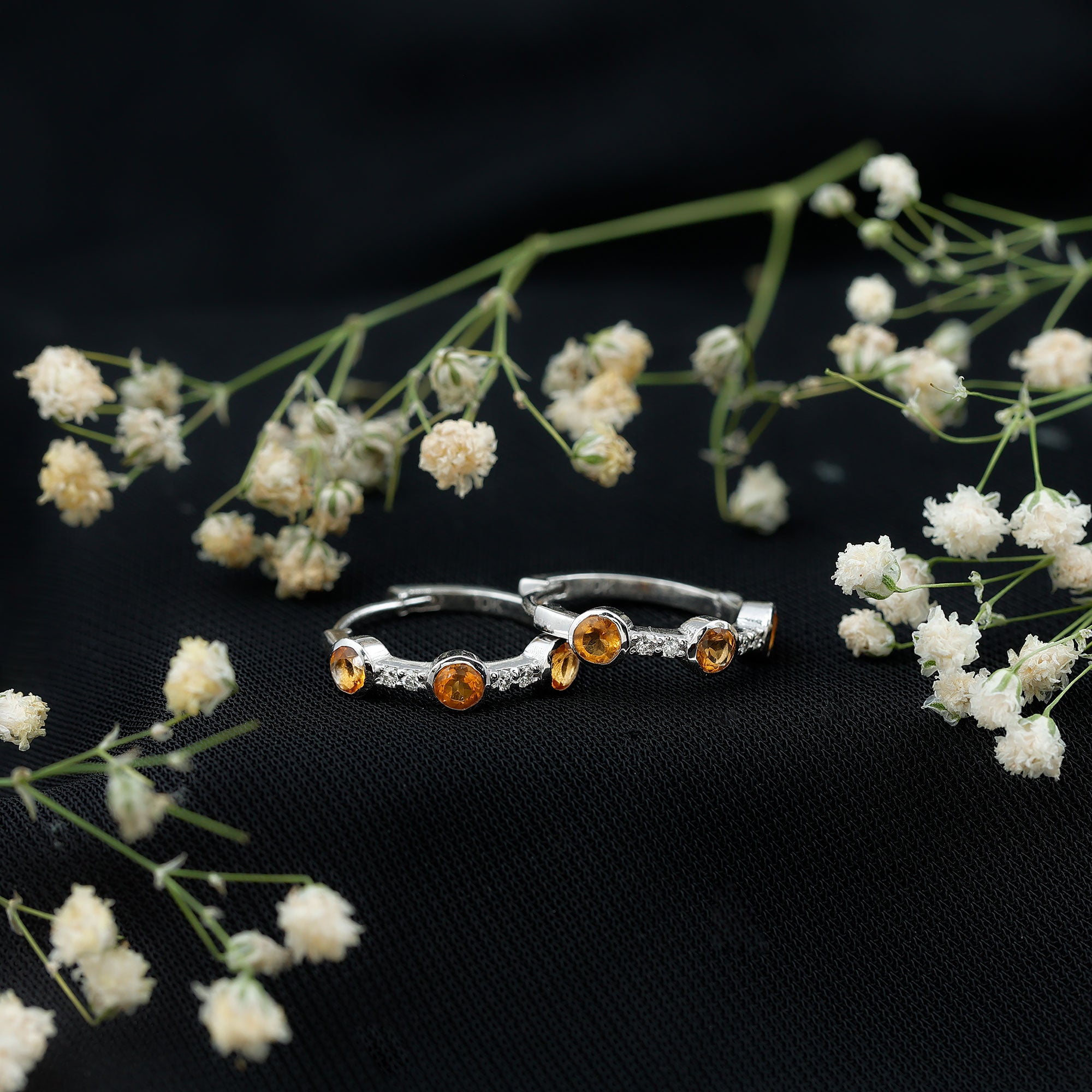 Bezel Set Citrine Hinged Hoop Earrings with Diamond AAA - Rosec Jewels