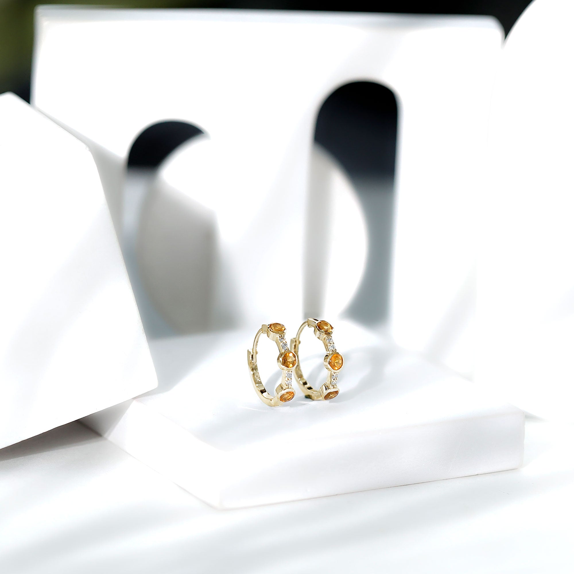 Bezel Set Citrine Hinged Hoop Earrings with Diamond AAA - Rosec Jewels